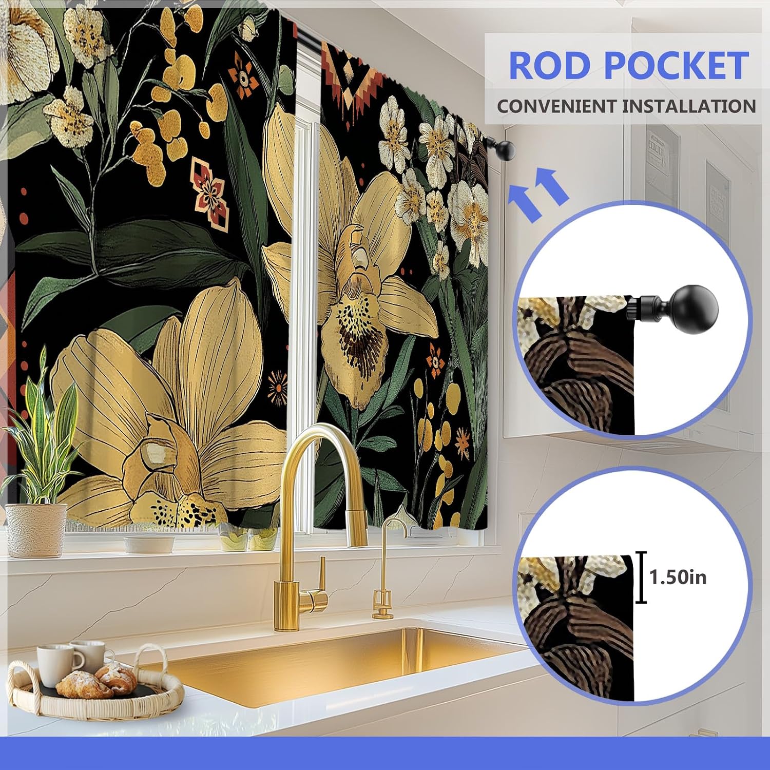 Aimego Boho Floral Kitchen Curtains - Rustic Small Short Cafe Tier Curtains for Living Room Rod Pocket Window Drapes 36 Inch Length 2 Panels Set 28"x36"