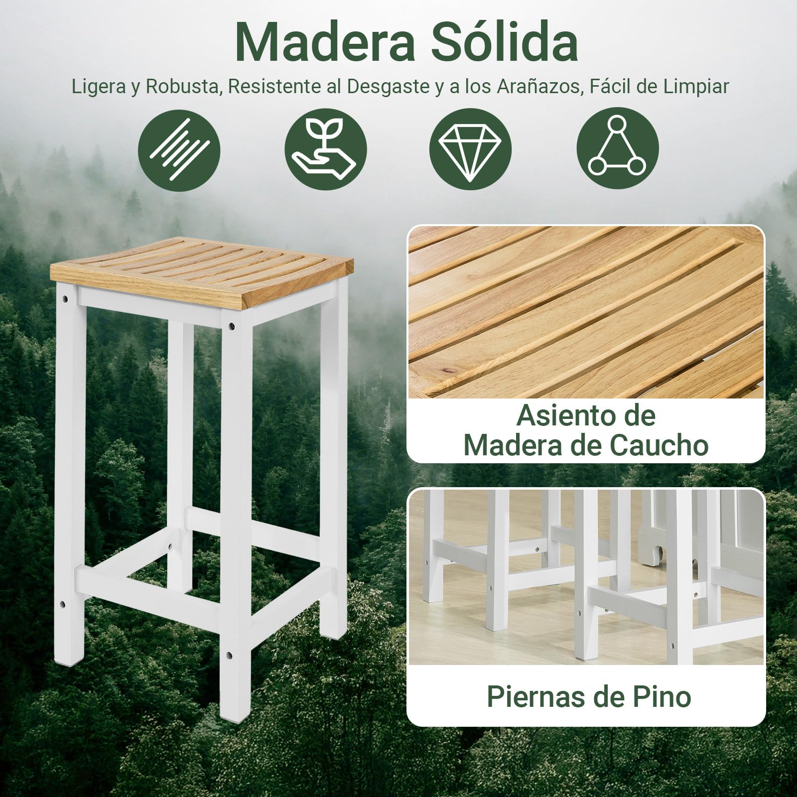 SoBuy 2 Taburetes de Bar Cuadrados con Asiento ergonómico, 35x61x35cm | Silla de Cocina con 4 patas robustas, fácil de limpiar, carga de 100 kg, madera de caucho/pino, cocina & barra, FST29-WNx2