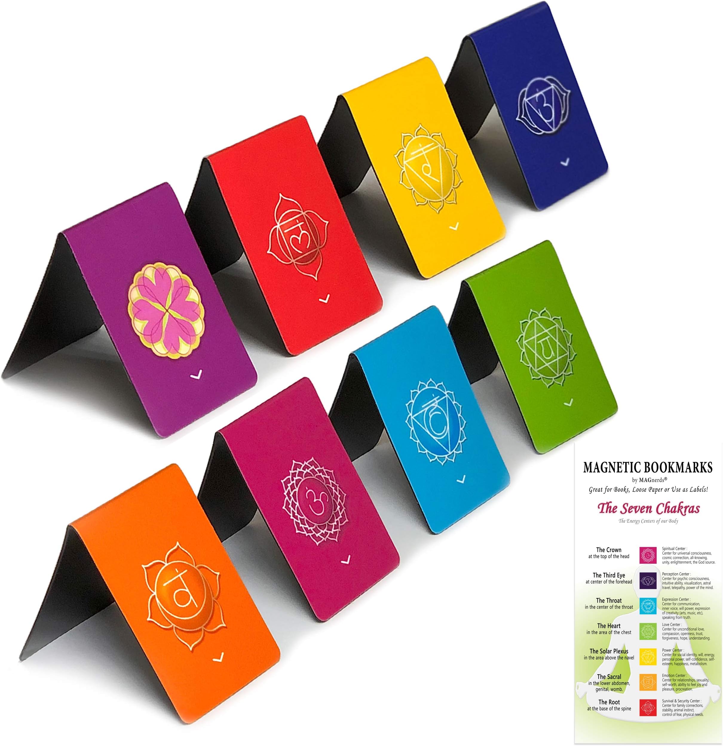 Chakra Magnetic Bookmarks with Arrowhead Pointers - Premium Quality, Colourful, Informational Chakras Page Markers (2.7 cm x 4 cm Folded Size) Pack of 8