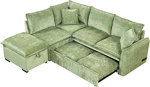 Miniatura 10 de FANYE Sofá modular tapizado de felpilla en forma de L, práctico sofá cama convertible con sofá cama extraíble, otomana de almacenamiento y puertos