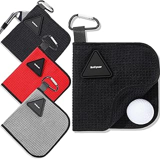 Batiyeer 3 Pack Small Magnetic Golf Towels Gift for Men 5.5 x 5.5 Inch Microfiber Waffle Material with Clip Pocket Golf Towel with Magnet for Carts Fall Camping Club Men Women (Black,Grey,Red)