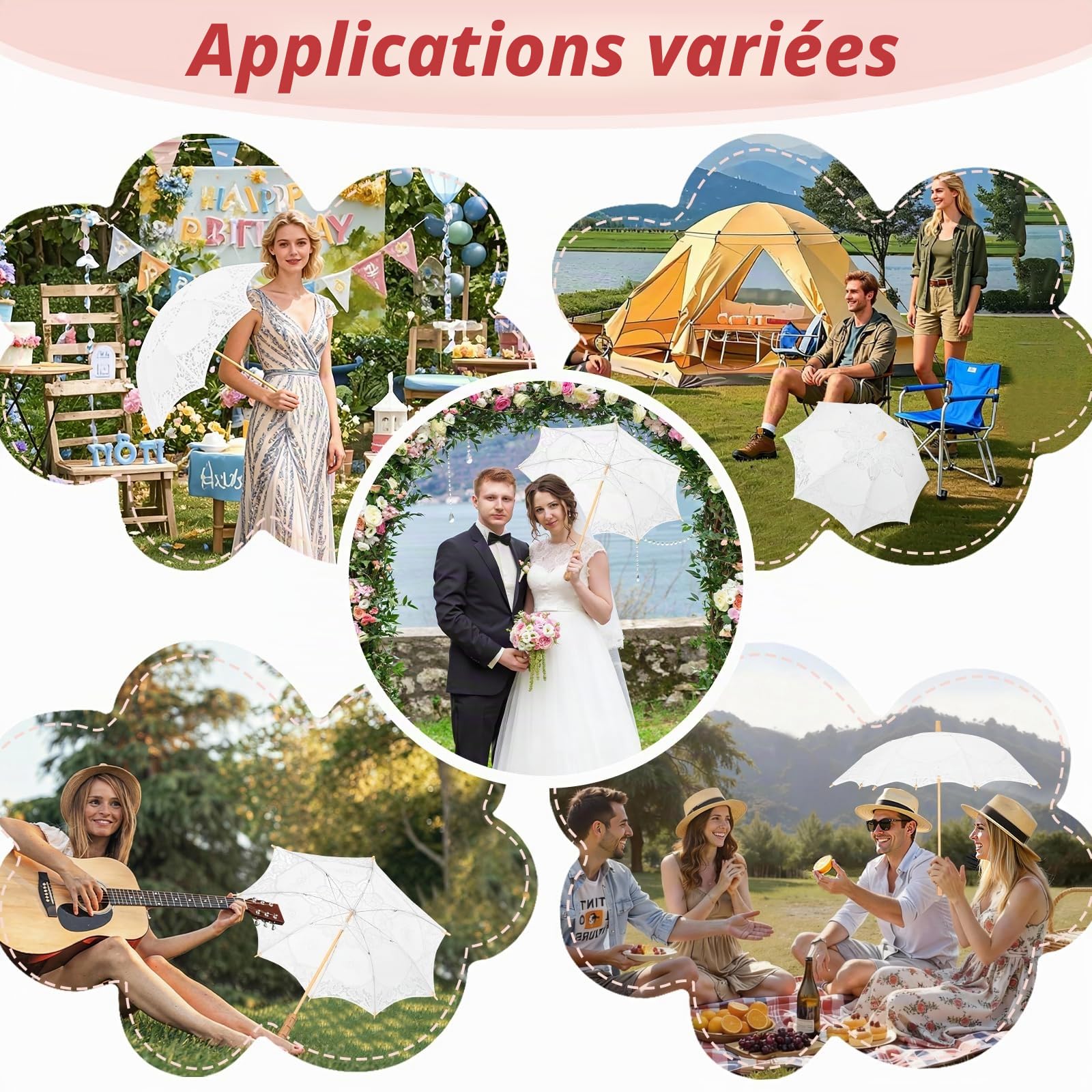 Buachois Dentelle Parapluie Artisanat Fleurs Dentelle Broderie Parapluie Enfants Scène Performance Fête de Mariée Décoration Photographie Scène Props Accessoire(Blanc L)