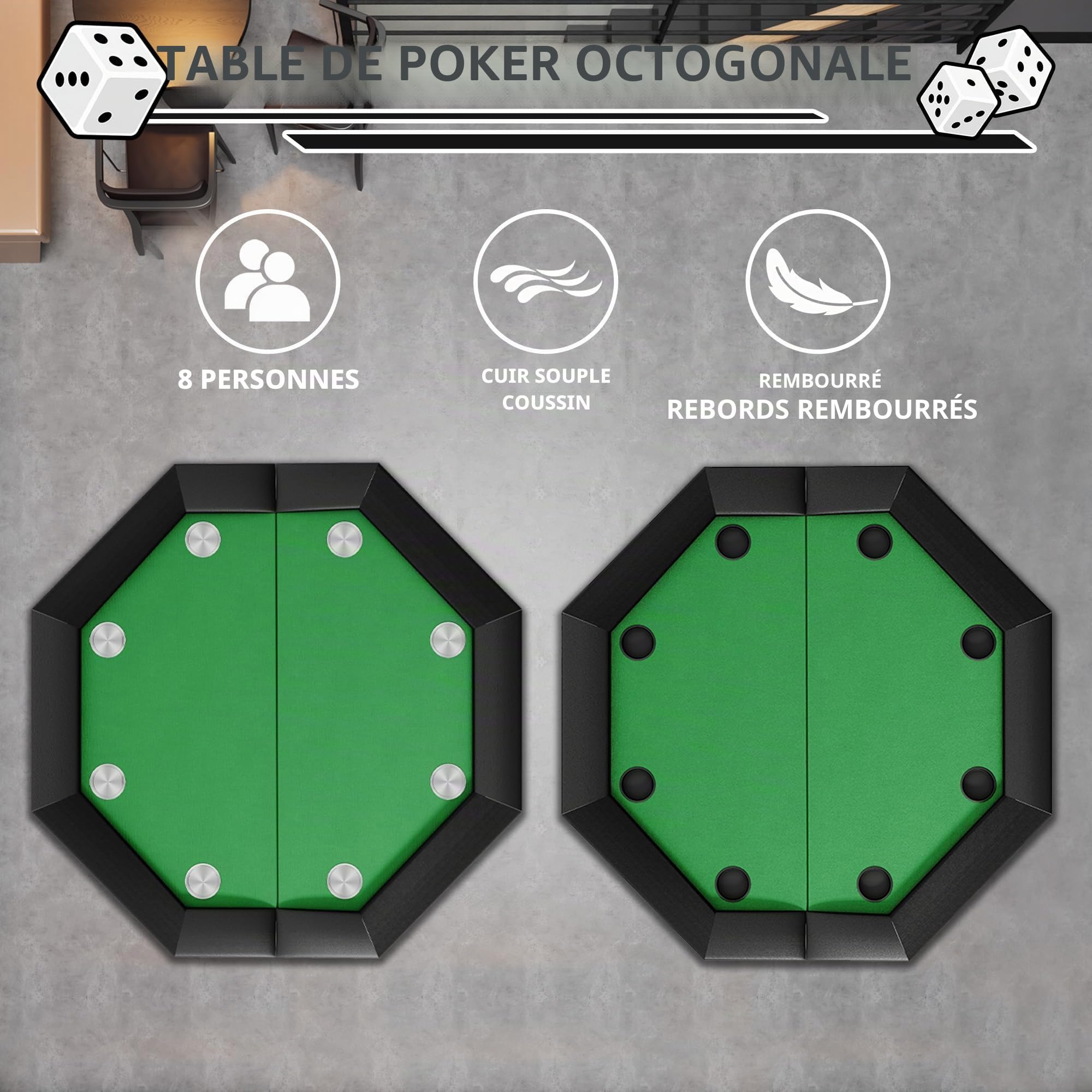 Poker table professionnelle en acier inoxydable, 120 x 120 cm, pliable de qualité casino, pour 8 joueurs, coussin de porte-gobelets