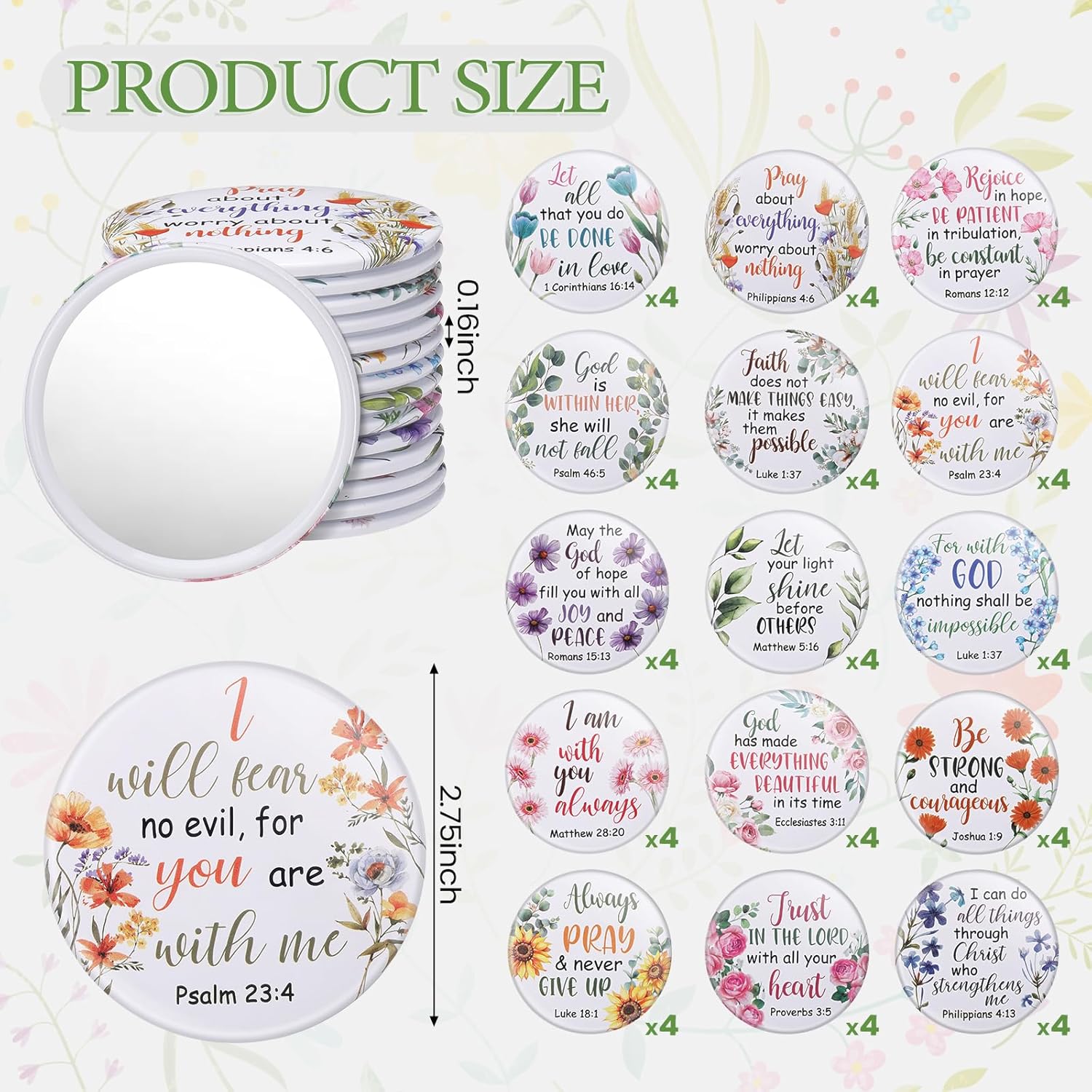 Geelin 60 Pcs Christian Compact Mirrors Gifts for Women Bible Verse Pocket Makeup Mirror Bulk Portable Floral Inspirational Religious Gift for Graduation Party Favors Church Purse Travel - Image 2