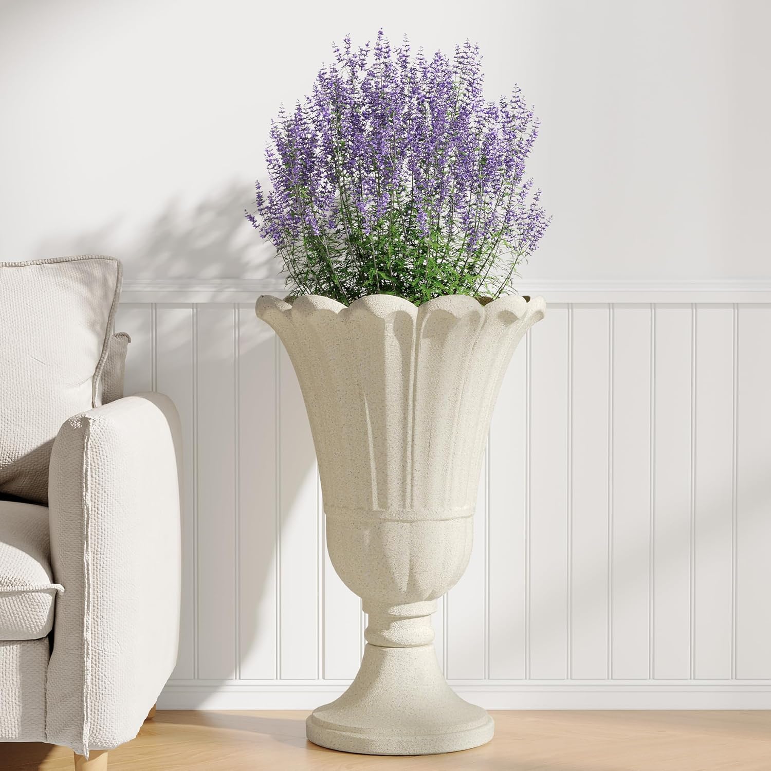 23" Tall Planters for Outdoor Plants Set of 2, Planter with Drainage Holes and Petal Design, Large Outdoor Planters for Porch, Garden, Indoor, Beige