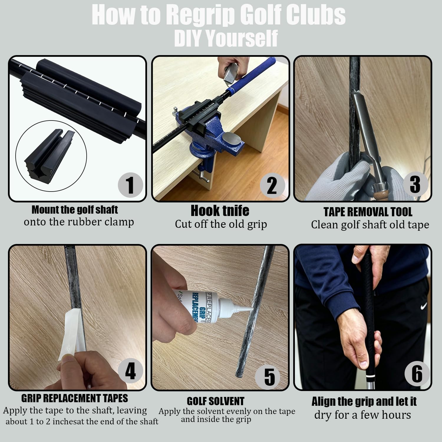 SirChic Kit de agarre de golf todo en uno para palos de golf de regripping - 9 agarres de goma, abrazadera de banco portátil, cuchillo de gancho, disolvente, 10 tiras de cinta, removedor de cinta