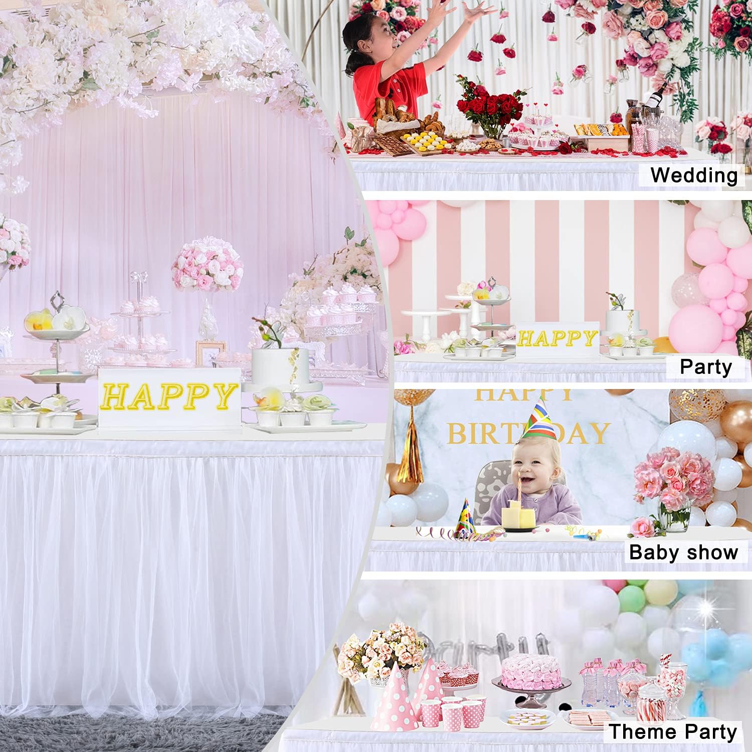 New Arrivals White Table Skirt Baby Shower 6ft Tulle Table Skirting with Gold Brim Round and Rectangle Tutu Table Decoration Table Cloth for Birthday Party,Gender Reveal Wedding(L6(ft), H30in)