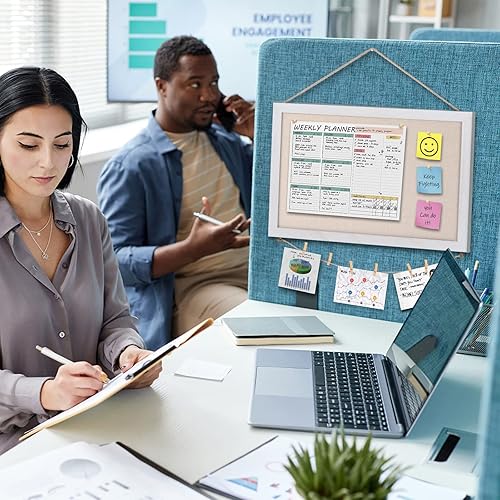 Miniatura 3 de Miratino Tablero de anuncios de corcho, 16 x 11 pulgadas, tableros de corcho de lino blanco para paredes con marco blanco, tablero de visión para