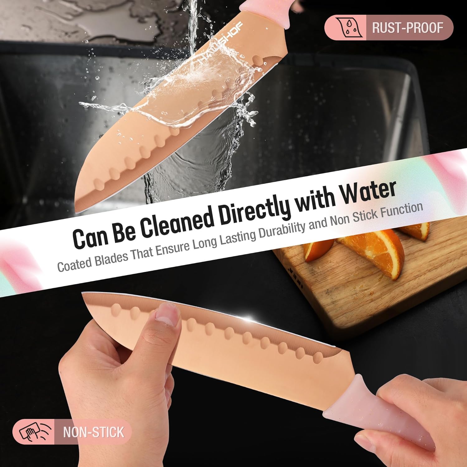 HAUSHOF Kitchen Knife Set, 12-Piece Pink Knife Set with 6 Blade Guards, Non-Stick Coated Stainless Steel Blades for Slicing, Dicing&Cutting, Gifts Knife Set for Dad, Mom, Husband and Wife - Image 4