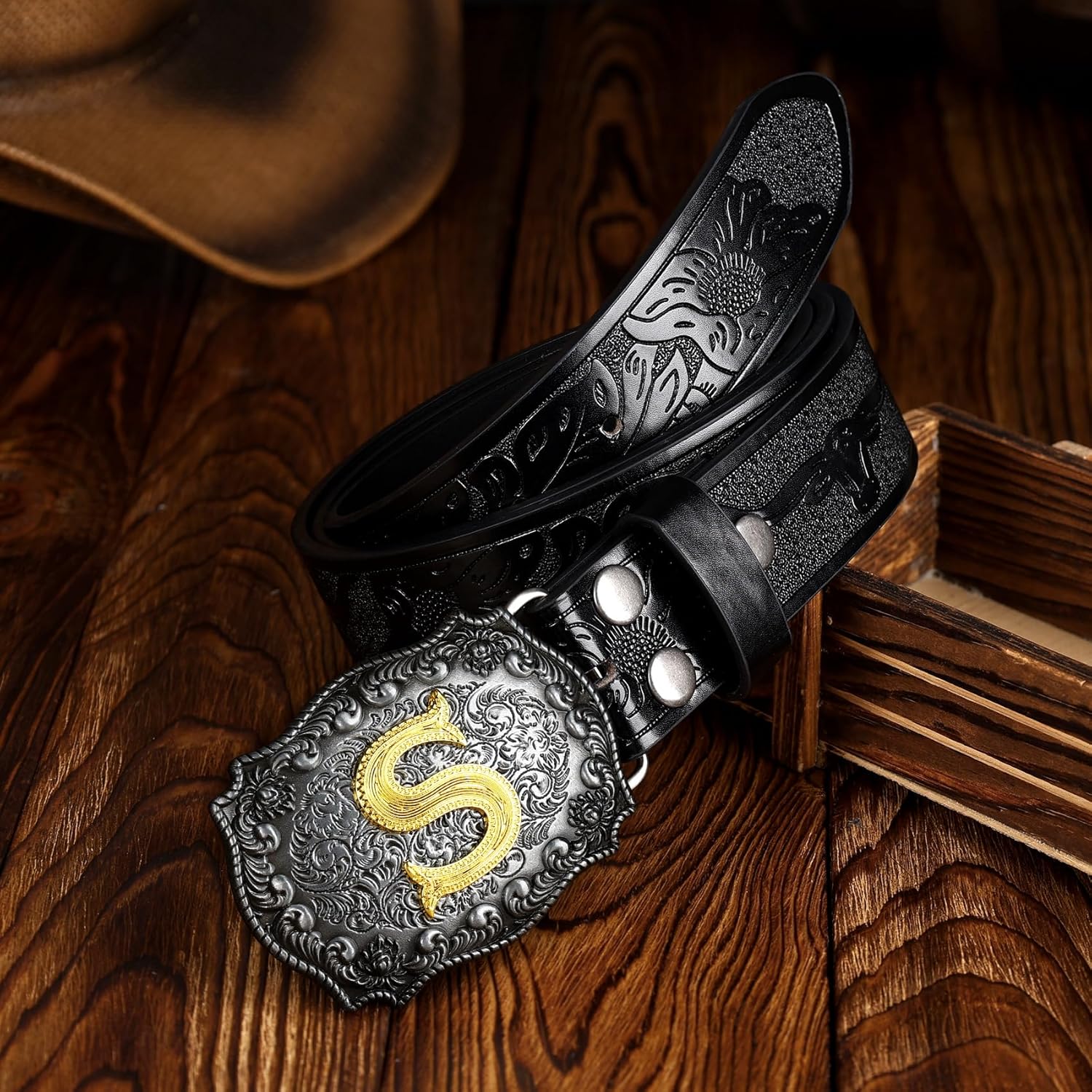 TRIWORKS Cowboy Belt for Men Women Western Belt Initial Letter A to Z Buckle with Engraved Cowboy Leather Belt - Image 2