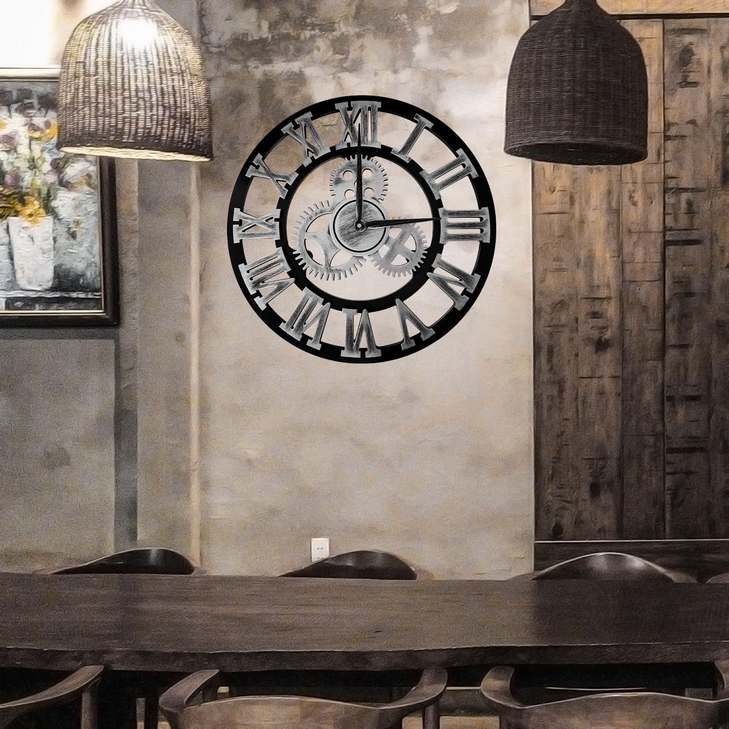 Reloj de Pared de Madera de Cuarzo con Números Romanos con Engranajes Vistos, Silencioso, no Hace tictac, para Sala de Estar, Dormitorio, Oficina, Cocina