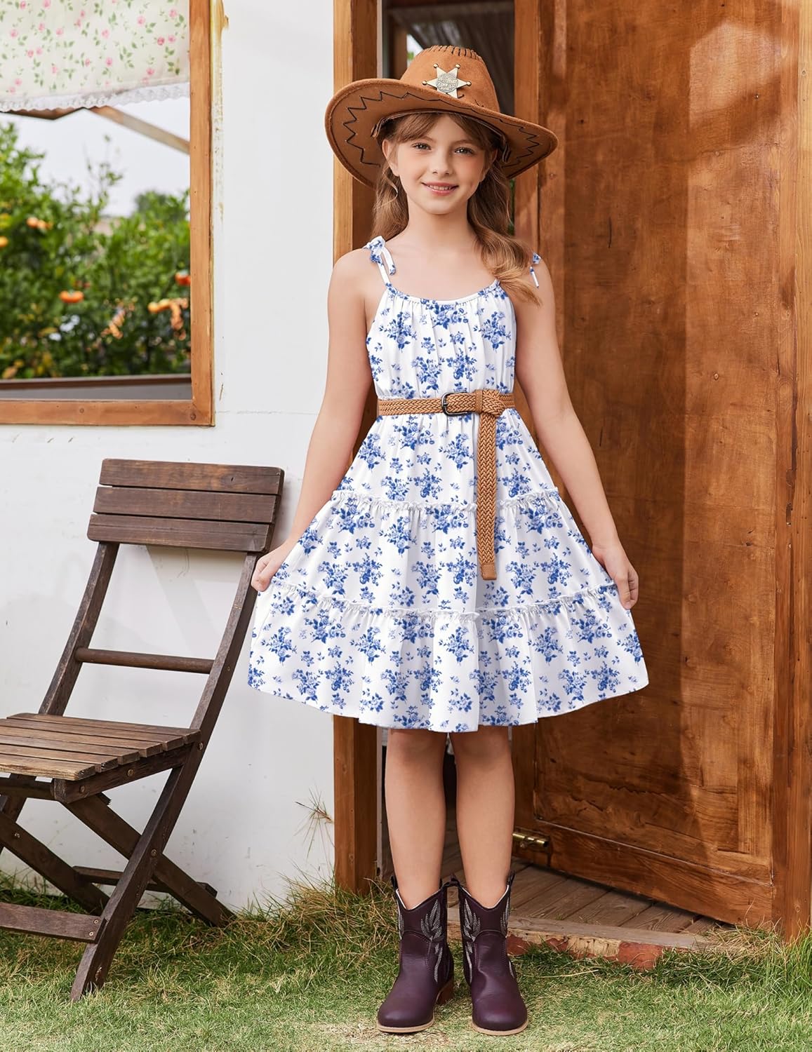 Arshiner Girls' Summer Sundress Boho Spaghetti Strap Ruffled Tiered Dresses Casual Midi Cami Dress - Image 3