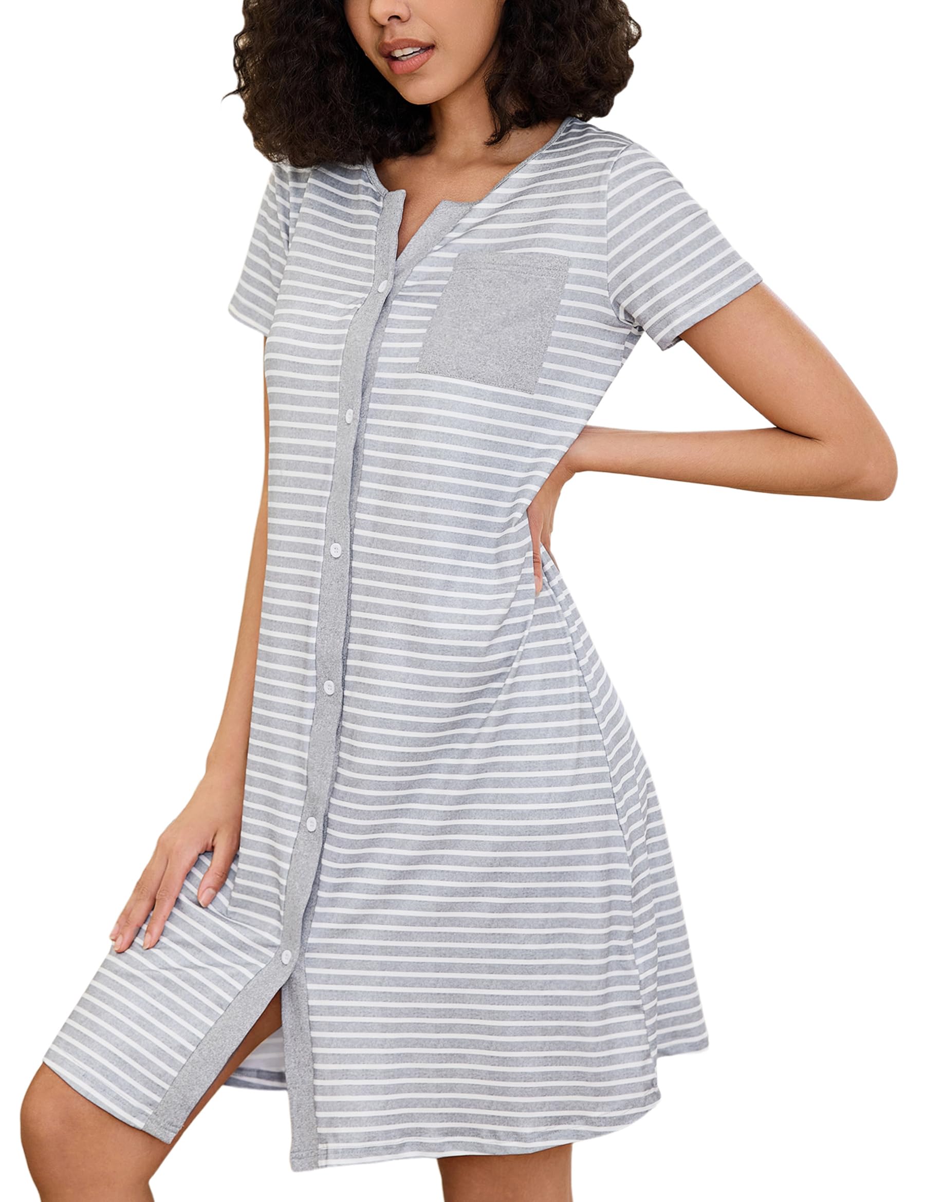Marvmys Nachthemd Damen Baumwolle Schlafshirt mit durchgehende Knopfleiste Streife Lange Ärmel Nachtkleid Schlafhemd Nachtwäsche Umstands Stillnachthemd