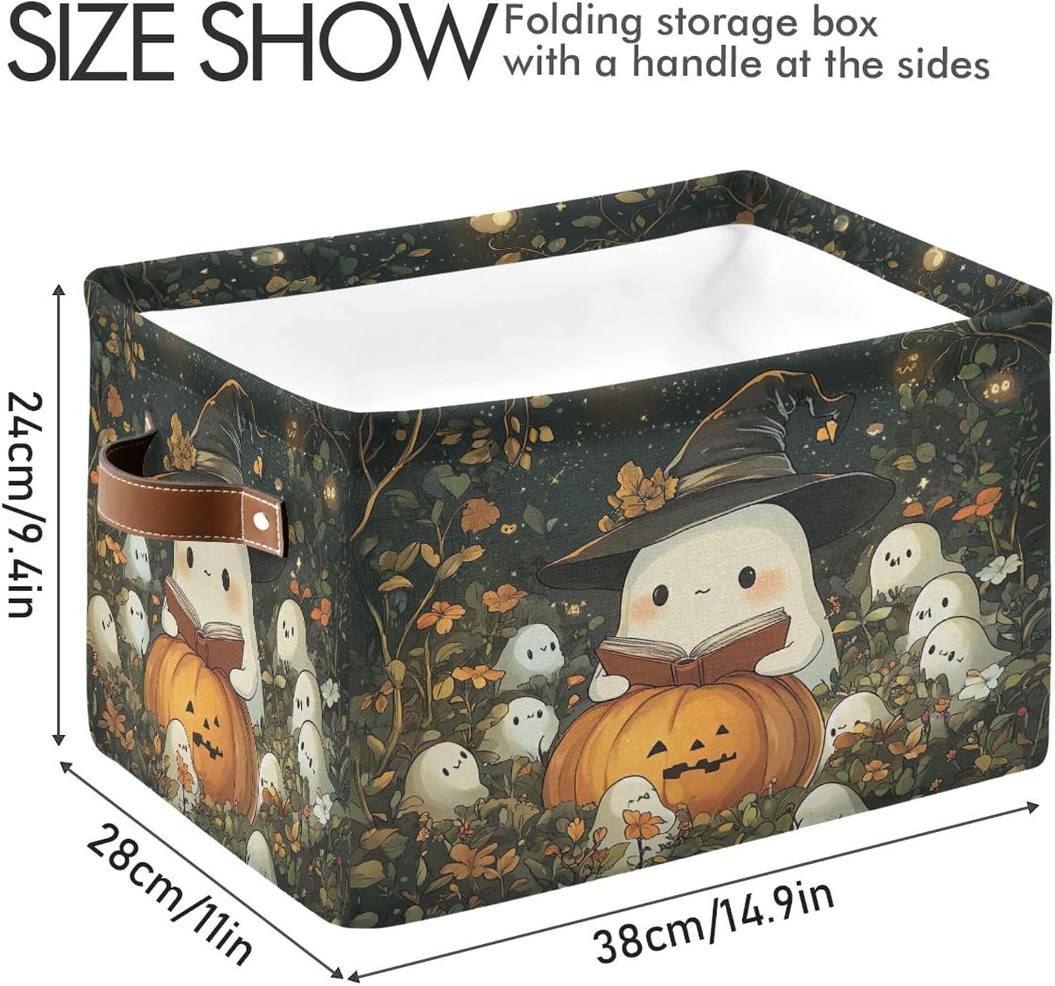 Cute Ghost Wearing Witch Hat Storage Basket Foldable Storage Bin, Canvas Rectangular Storage Basket with Leather Handles for Home Closet & Office Decoration image 4