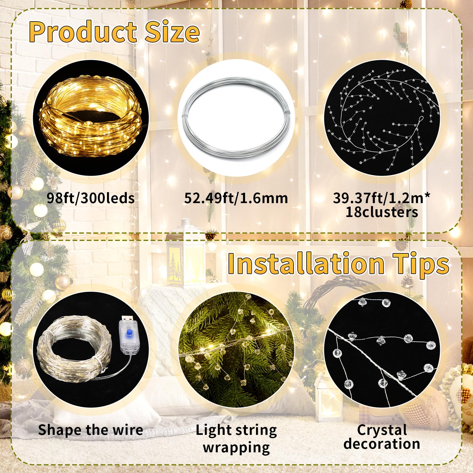 Glooglitter Décoration de sapin de Noël, guirlande lumineuse en cristal de 29,9 m, 300 LED en fil de cuivre avec ornements en forme de goutte, décoration scintillante pour Noël d'hiver et d'intérieur