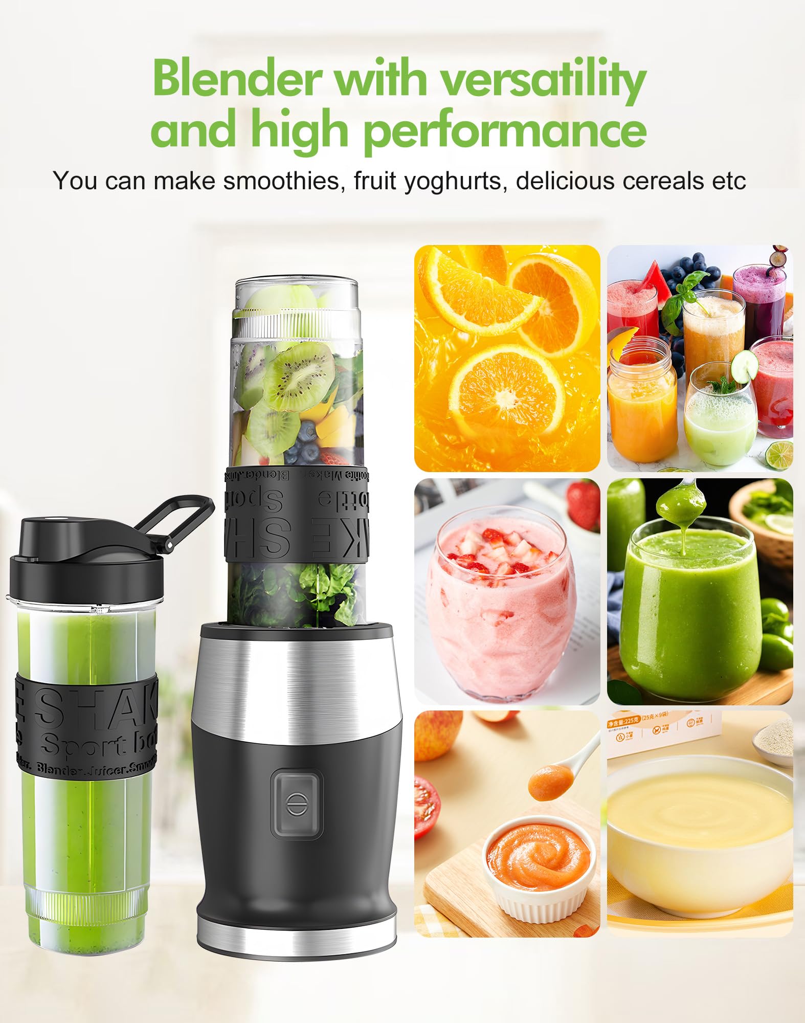 Blender Mixeur, 500W Blender Smoothie 24000 tours/min, Mini Mixeur Blender Portable avec 2 sport bouteille portables de 570ml Sans BPA, 4 Lames en Inox pour Smoothie Milk-shake Fruits bébé Jus légume