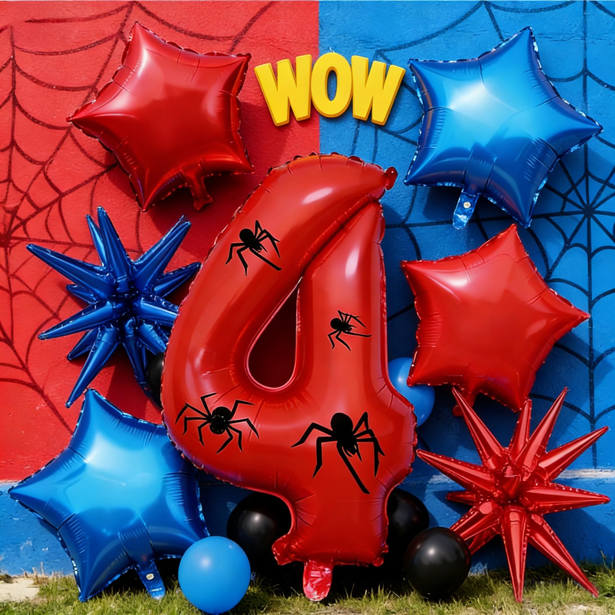 Red Blue Spider Themed Birthday Balloon Decorations with Number 4 Foil Balloon for Adults Spider Party Birthday Party Decorations Party Suppiles (number 4)