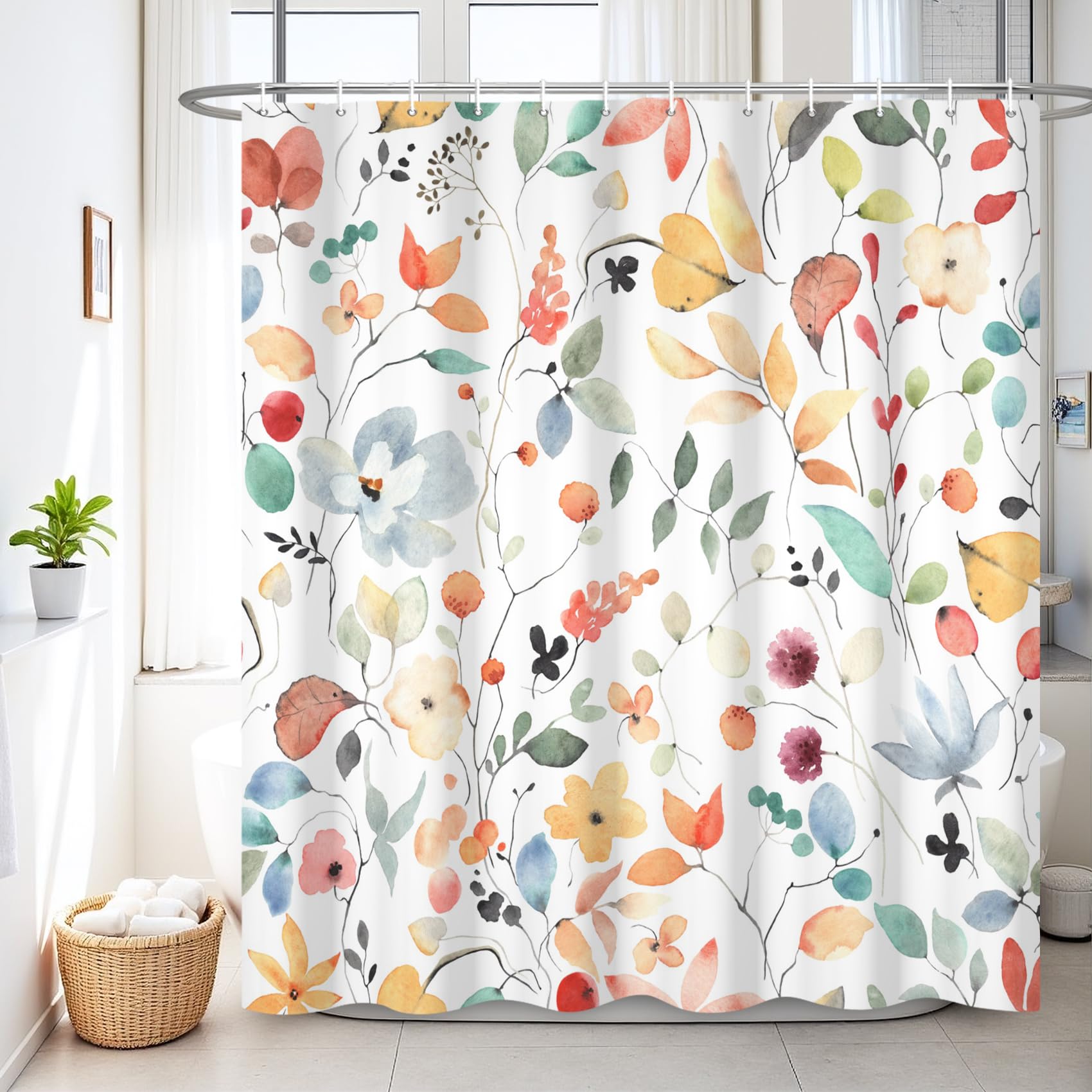 Rideau de douche floral bohème 183x183 cm en tissu aquarelle avec crochets