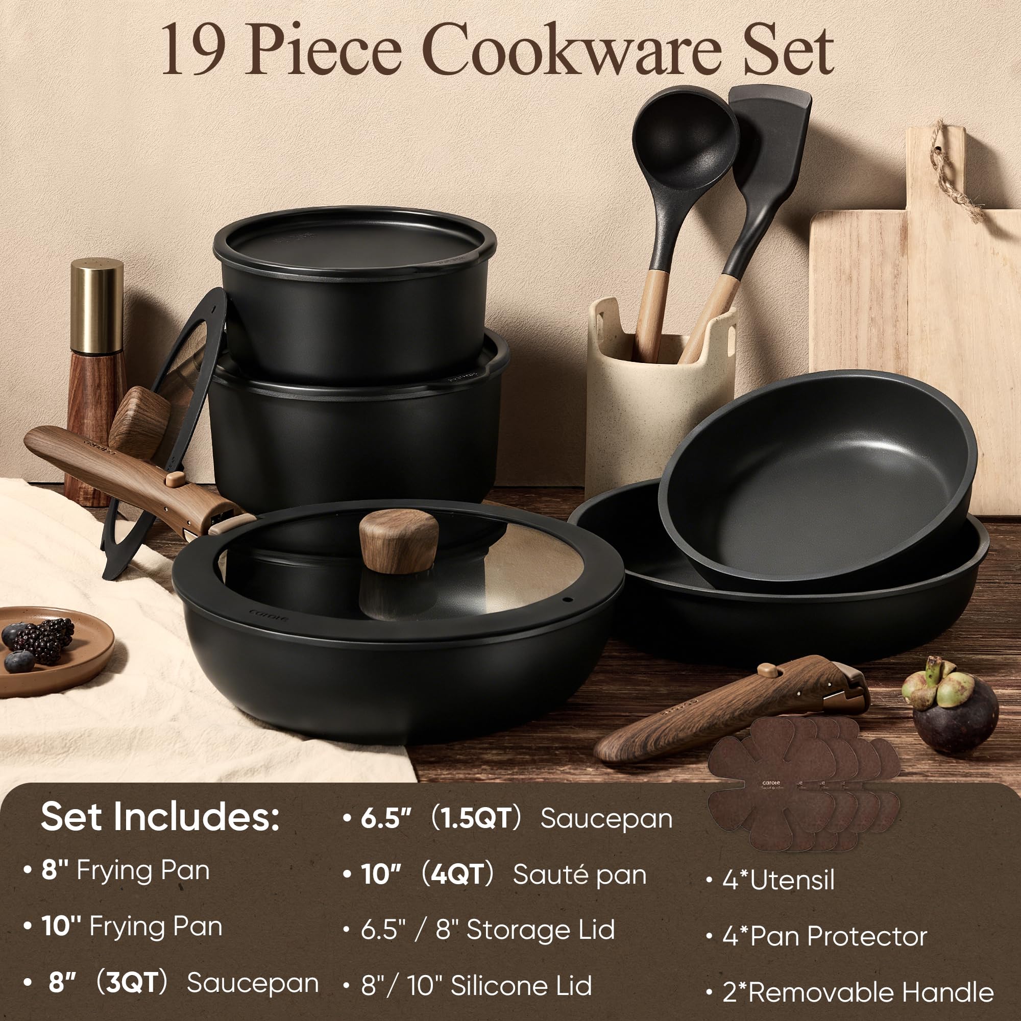 CAROTE Set di pentole e padelle antiaderenti, con manico staccabile, 19 pezzi | Compatibile con induzione, lavabile in lavastoviglie e forno, salvaspazio, per campeggio, camper, viaggi, set da cucina, nero
