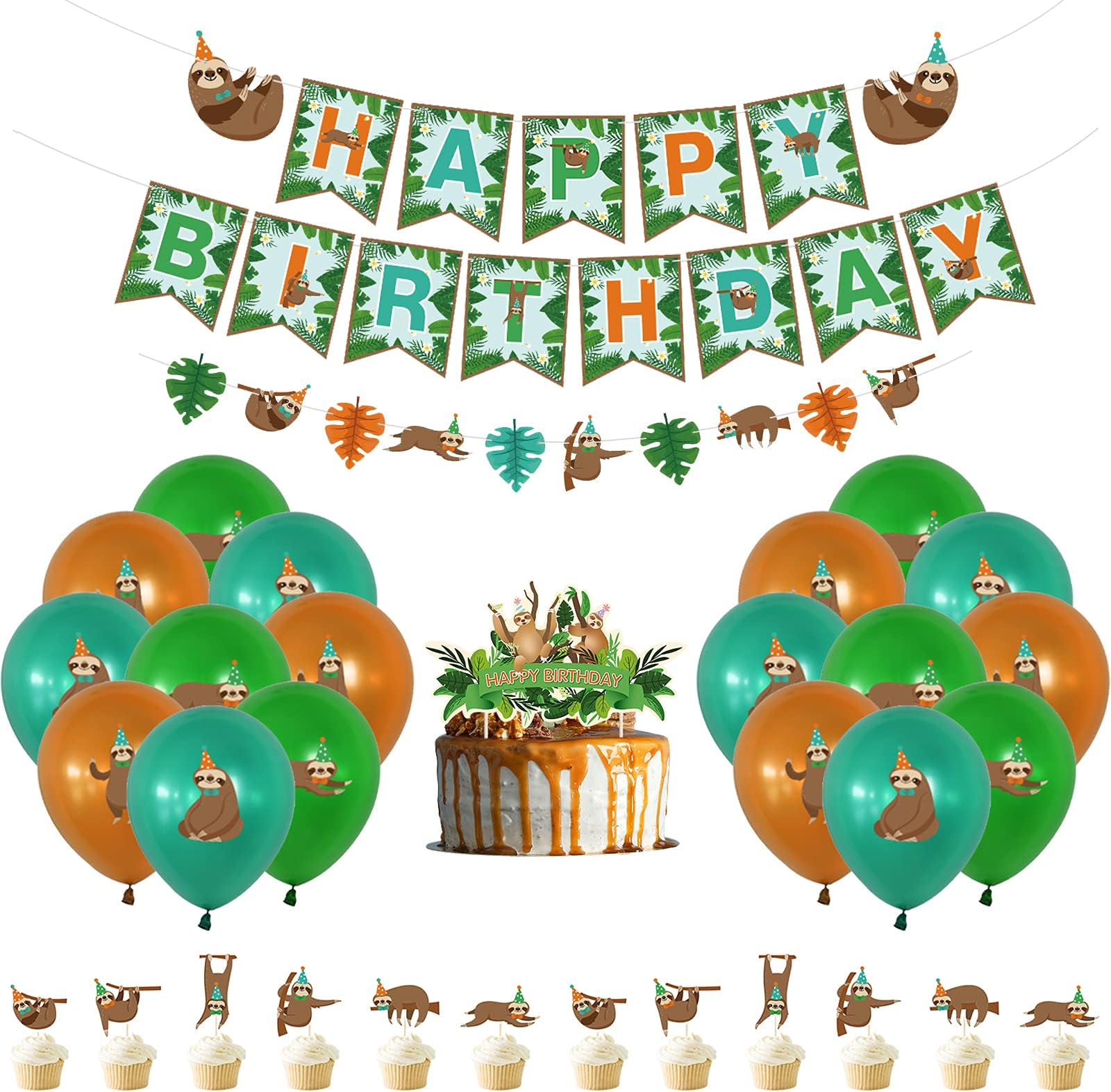 Sloth Birthday Party Supplies Set with Sloth Happy Birthday Banner Cake Cupcake Toppers Latex Balloons Decoration for Zootopia Kids Cake Smash 1st Baby Shower Birthday Party Decorations