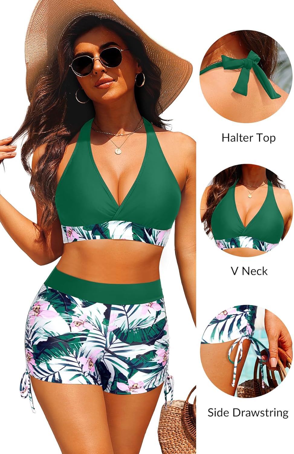 Yonique Women Bikini Set with Swim Shorts 2 Piece Swimsuit with Boyshorts Halter High Waisted Bathing Suit - Image 4