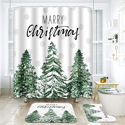 ArtSocket Juegos de baño con árbol de Navidad con cortina de ducha y alfombras y accesorios, juegos de cortinas de ducha de paisajes de nieve de