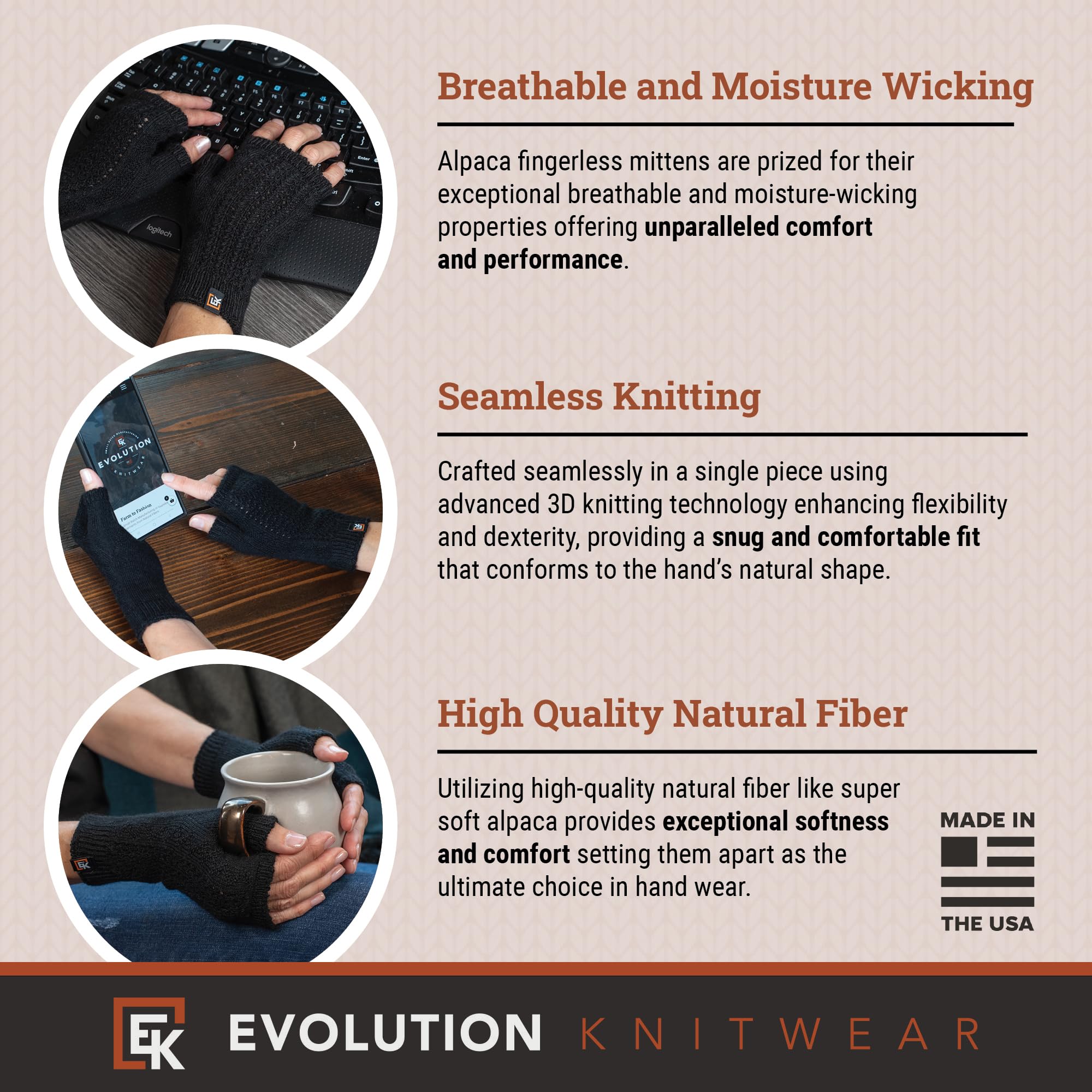 Evolution Knitwear Alpaca Mesh Knit Fingerless Mittens - Super Soft Baby Alpaca - Made in the USA - Small - Black