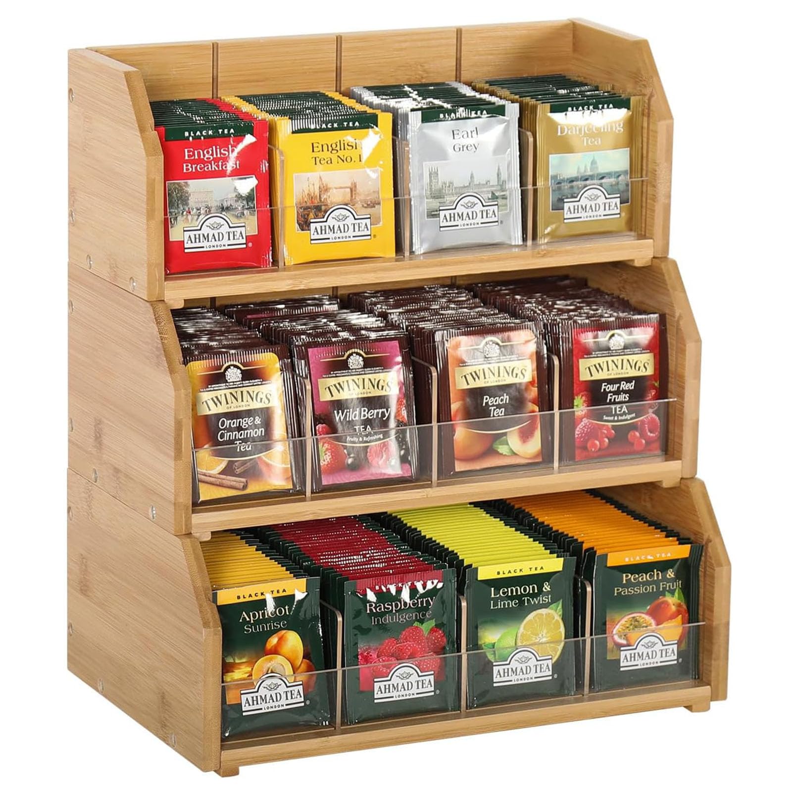 yeshine Bamboo Tea Bag Organizer 3 Layer Stackable Tea Bag Holder Storage Wooden Tea Packet Shelf Multifunctional Standing Tea Bags Rack with Acrylic Partition for Counter Cabinet Pantry