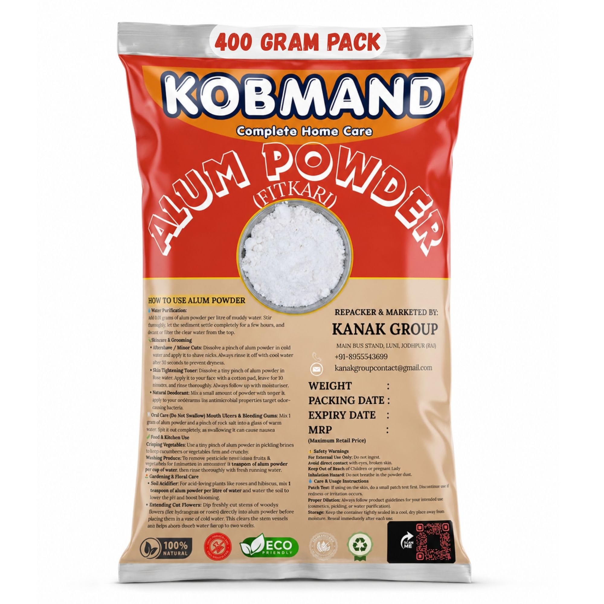 KOBMAND Natural Alum Powder 400 g | Fitkari Phitkari Alam Stone Powder For Face, Skin, Water Cleaning, Aftershave, Deodorant, Pickling | Convenient Travel Pack-picture-11