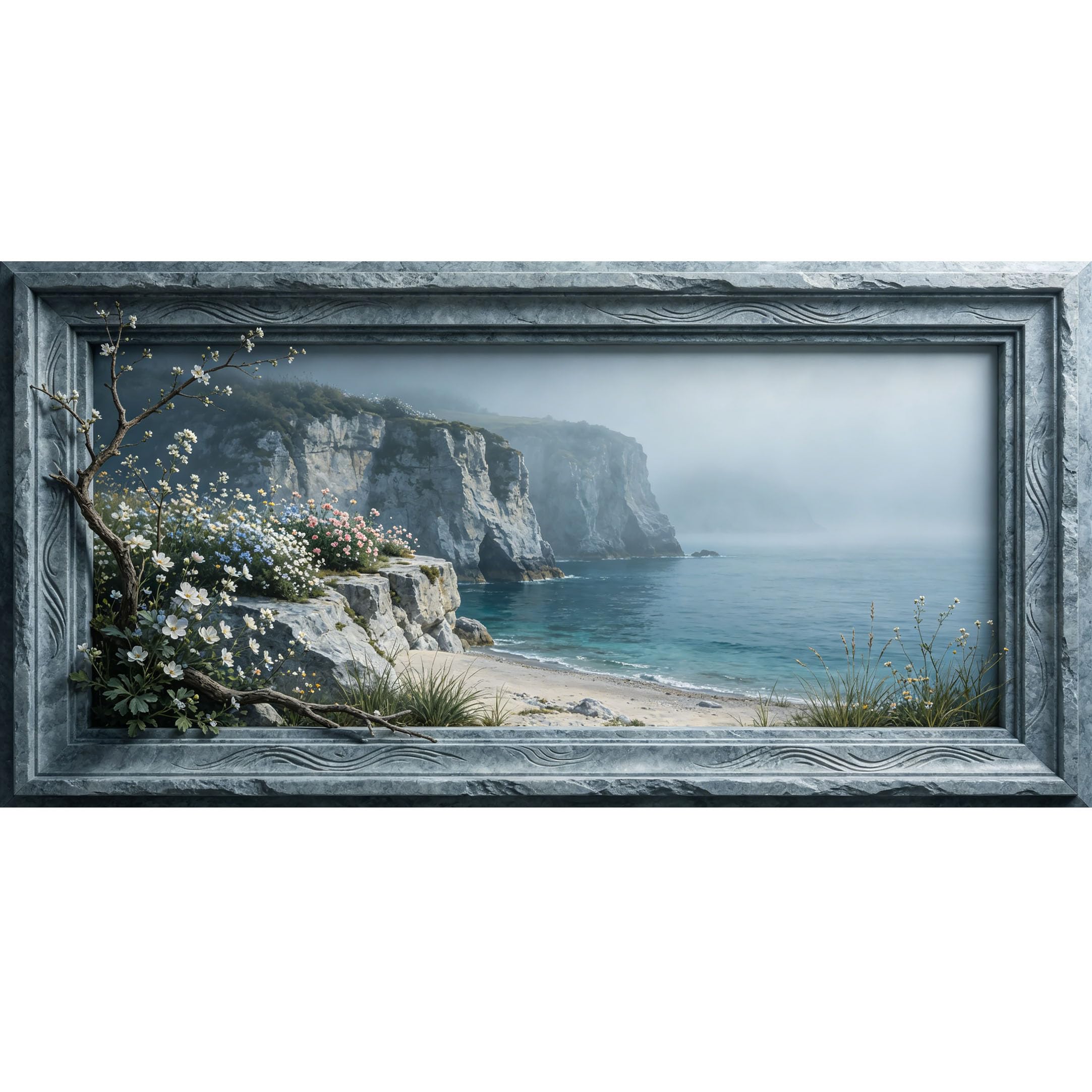 Agglomerix 3D Framed Wall Art Coastal Landscape Ocean Cliff Flowers Stone Texture Large Size SelfAdhesive Removable Wall Decor Prints Artwork for Living Room Bedroom Office