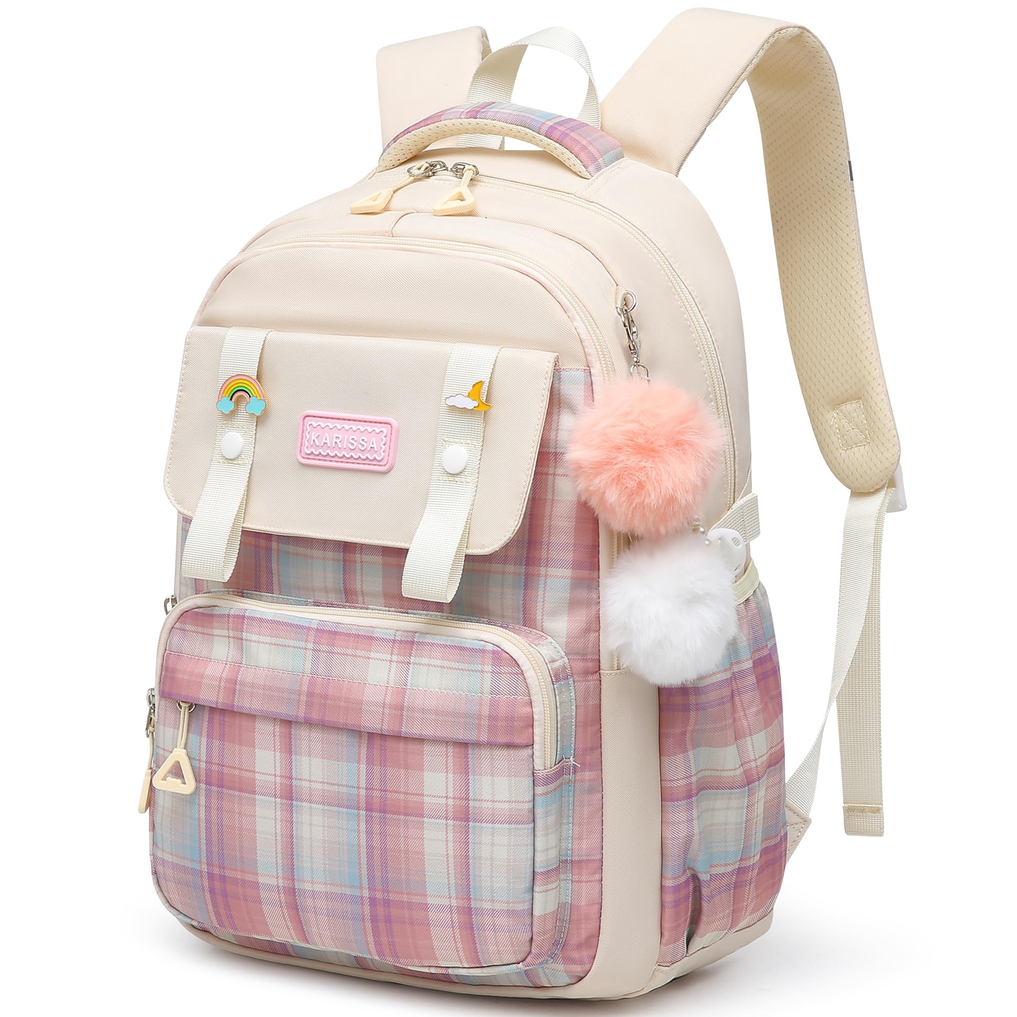 Alrisg Girls Plaid Backpack School Bookbag for Kids Elementary Middle School Cute Backpack for Girls Beige