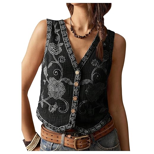 Verdusa Women's Western Outfit Cowgirl Embroidered Vest Tops Button Floral Boho Tank Top