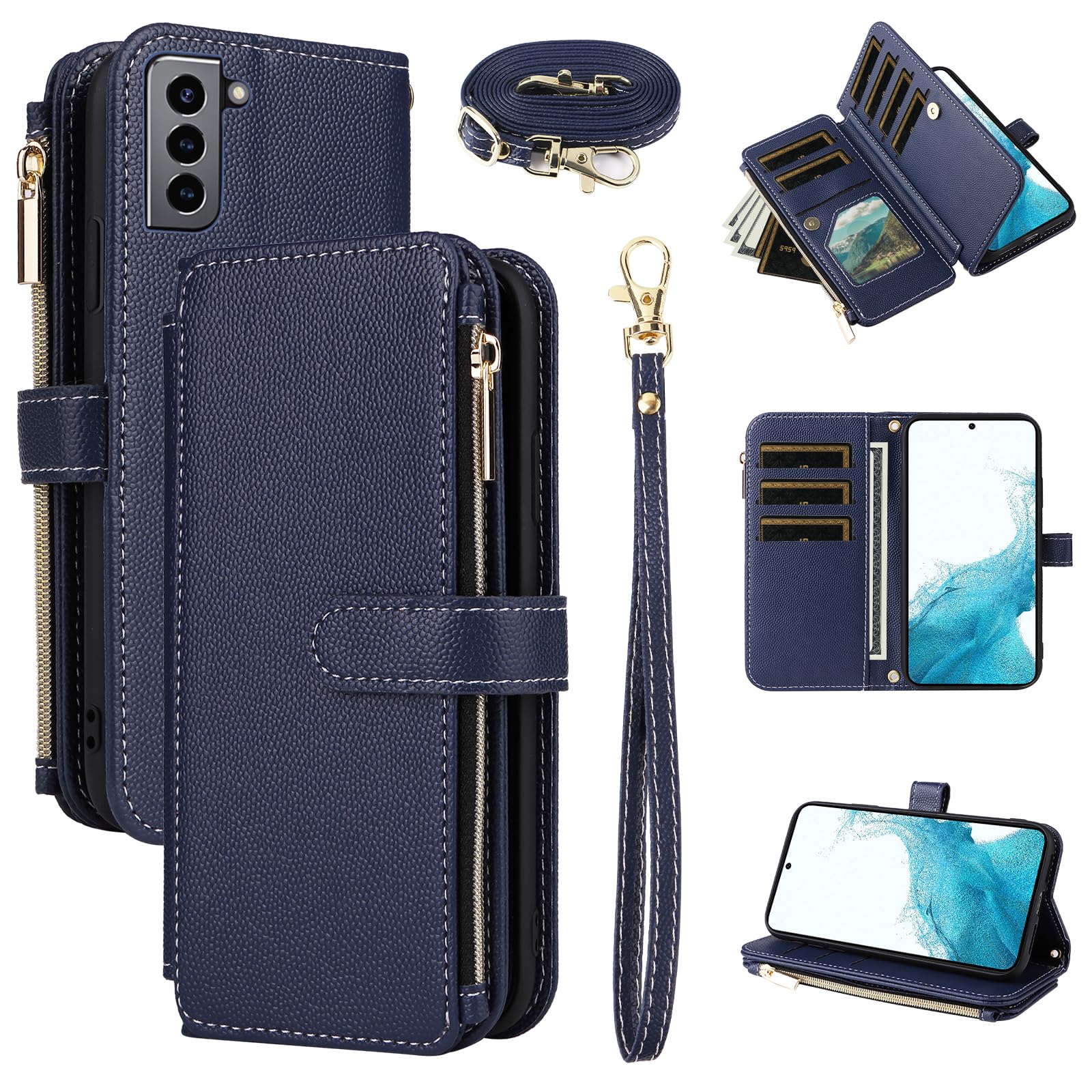 Wallet Case for Samsung Galaxy S21 FE 5G with Wrist Strap, Shoulder Strap 10+ Card Holder Luxury PU Leather Flip Zipper Purse Phone Cover for S 21 EF S21FE5G UW S21FE 21S G5 6.4 inch Blue