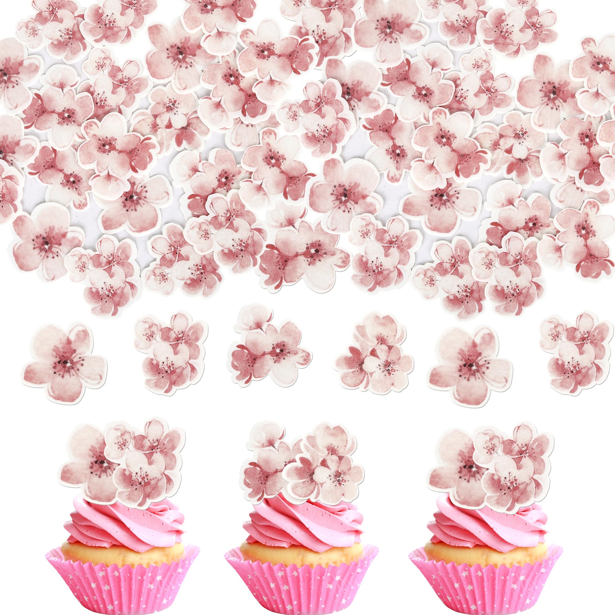 60 Pack Edible Cherry Blossom Cake Decorations Edible Cherry Blossom Flowers Cupcake Toppers Wafer Paper Flowers Cake Topper Edible Rice Paper Cake Flowers for Birthday Party Food Decorations Supplies โ image 1