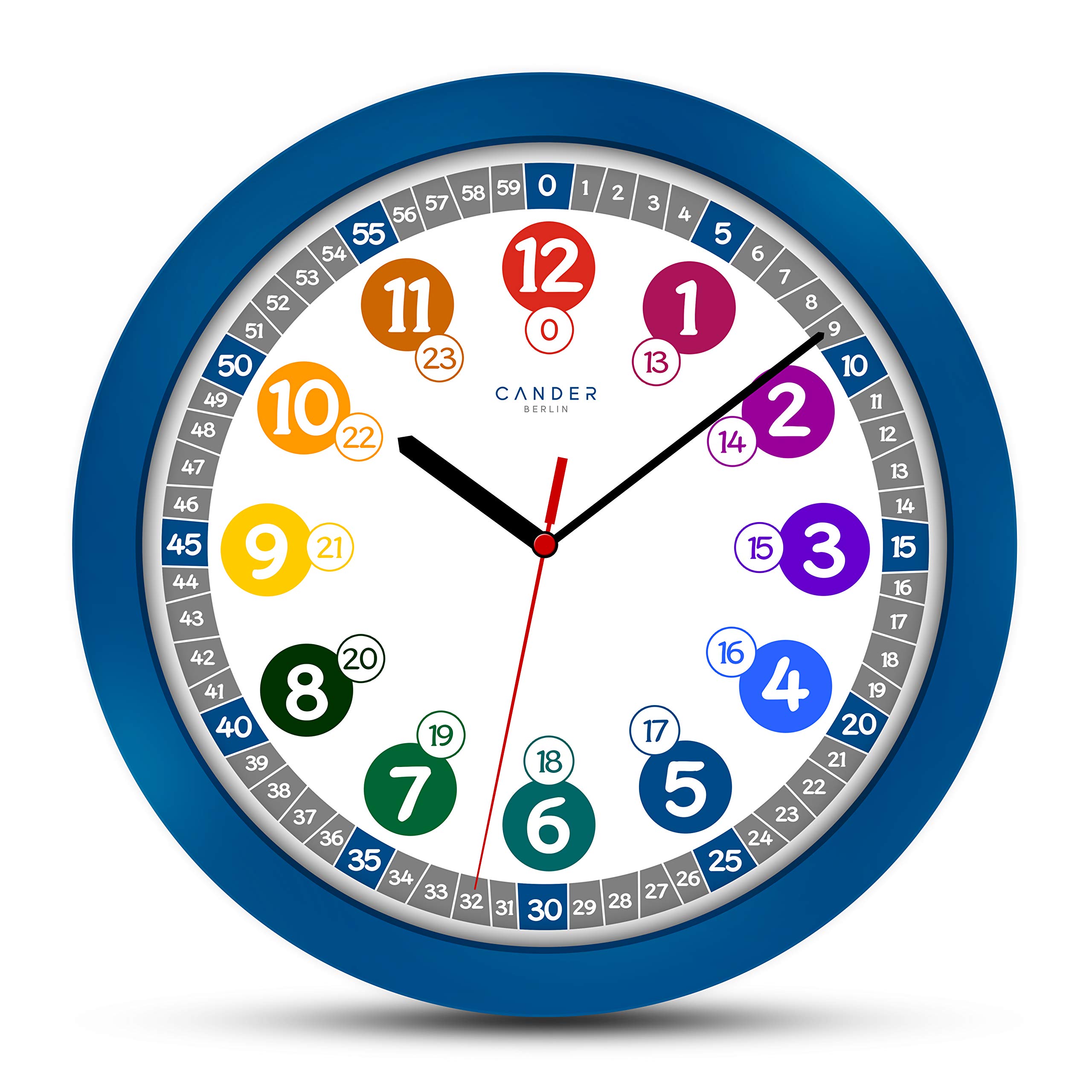 Cander Berlin MNU 1030 J Kinderwanduhr und MNU 1009 J Kinderwecker lautlos blau Lernuhr Wecker Kinder Licht Snooze geräuschlos leise ohne Tickgeräusche analog Wanduhr Kinderzimmer Jungen Mädchen