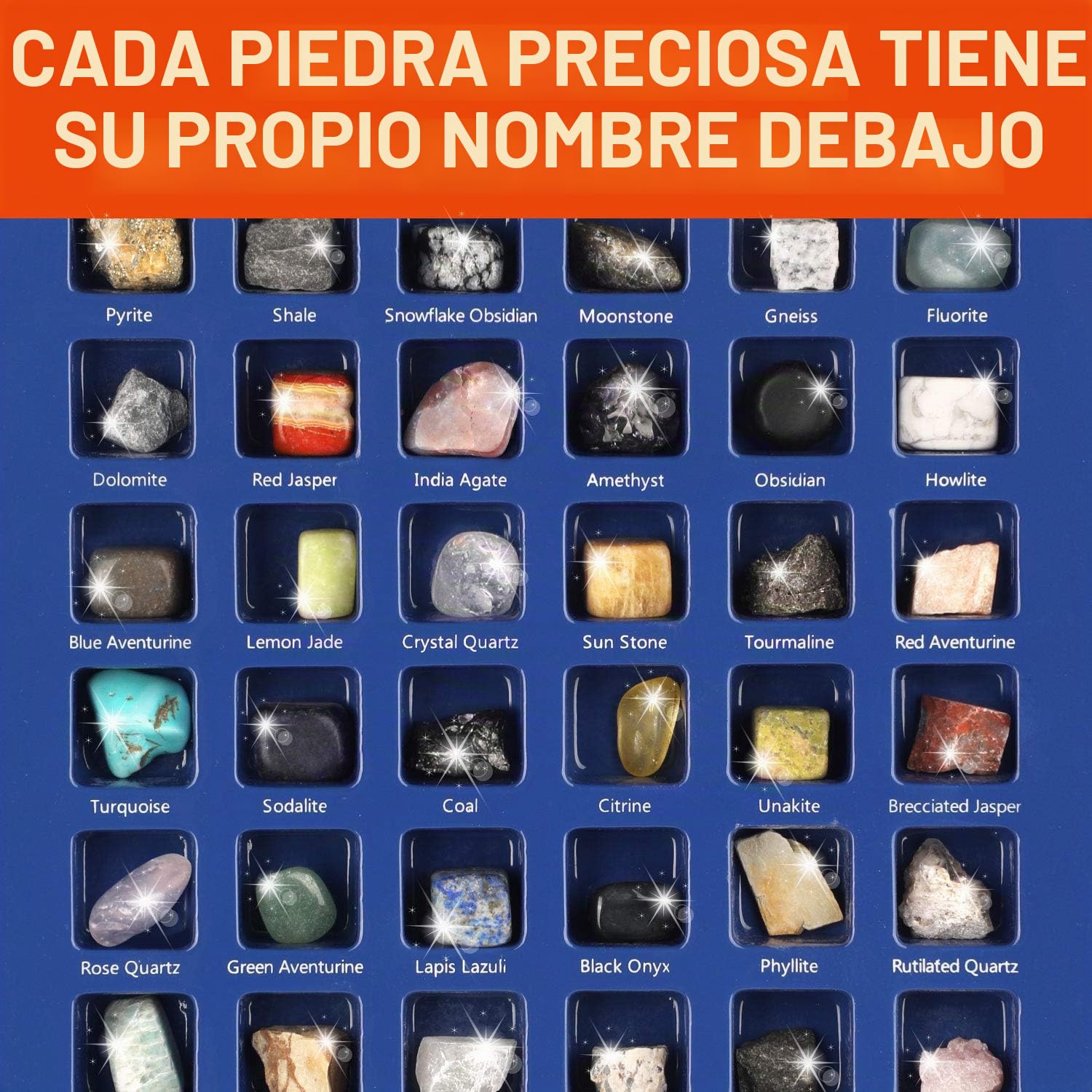 Byncceh 48 Set de Piedras Preciosas Naturales, Minerales de Roca para Niños, Regalo de educación científica, Fiesta de cumpleaños en el Aula