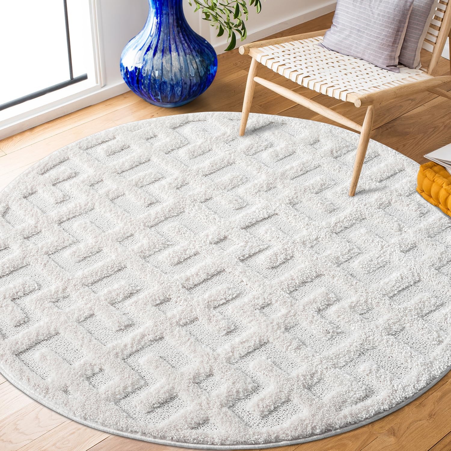 payé Teppich Rund - 200x200cm - Hochflor - Boho - Pastell Creme Grau - Einfarbig - Modern Geo Muster- Skandinavisch Flauschig Weich - Schlafzimmer Dekoration