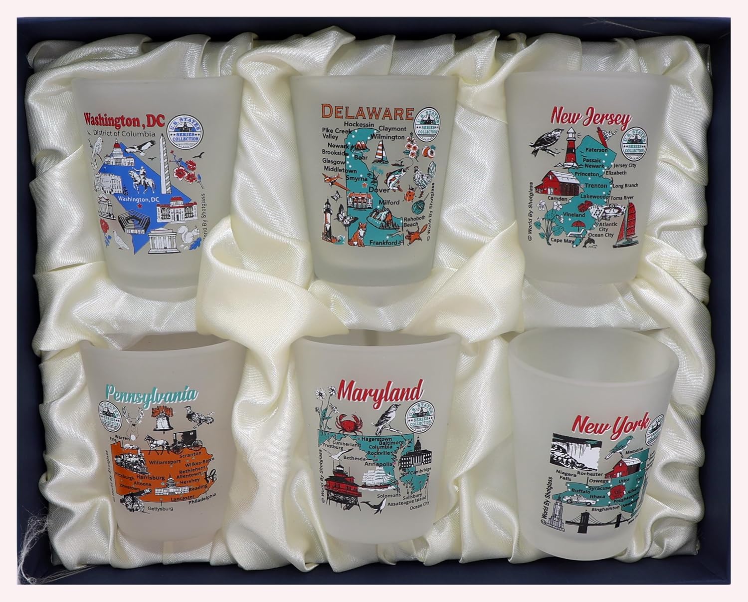 World By Shotglass United States USA Mid-Atlantic States Souvenir Boxed Shot Glass Set (Set of 6)