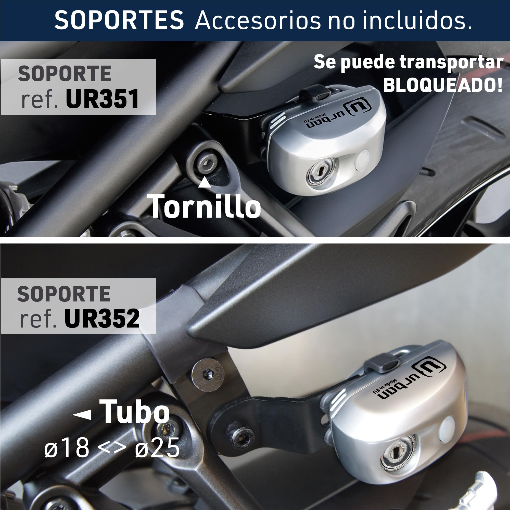 urban UR22 Candado Moto Disco Alarma 120db ON/Off, Warning Avisador, Módulo Remplazable Impermeable, Pila Litio, Universal Motos Scooters Bicicletas Patinetes, Antirrobo Pinza Disco Freno