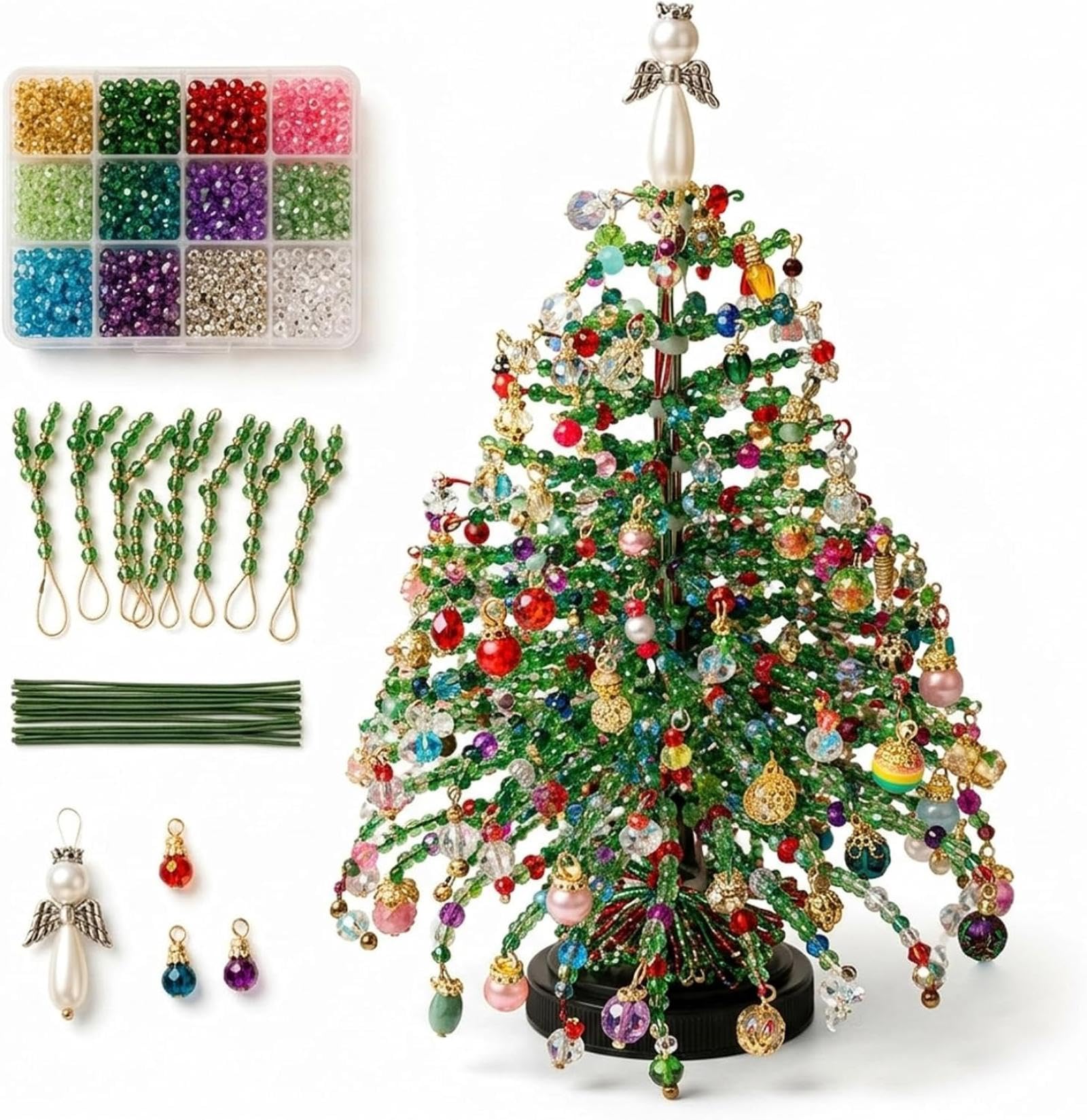 DIY Beaded Christmas Tree Kit with LED Lights, Mini Handmade Xmas Craft Set with Colorful Beads & Glowing Ornaments, Battery Operated Holiday Desktop Decor 20cm