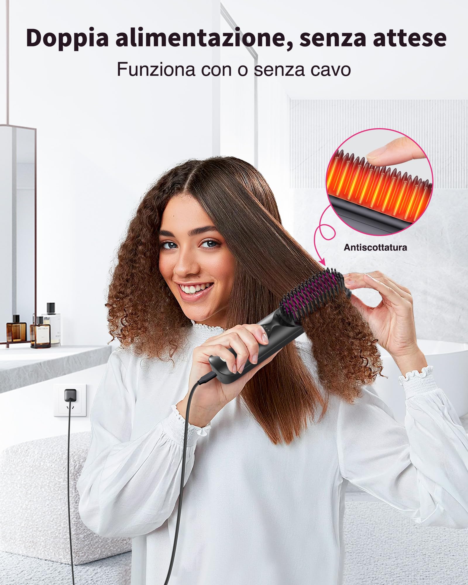 Bopcal Spazzola Lisciante per Capelli 10000mAh - 3 in 1 Spazzola Lisciante Senza Fili 300 Milioni di Ioni, Riscaldata 30S, Ceramica antiscottatura, Viaggio, Portatile e Powerbank