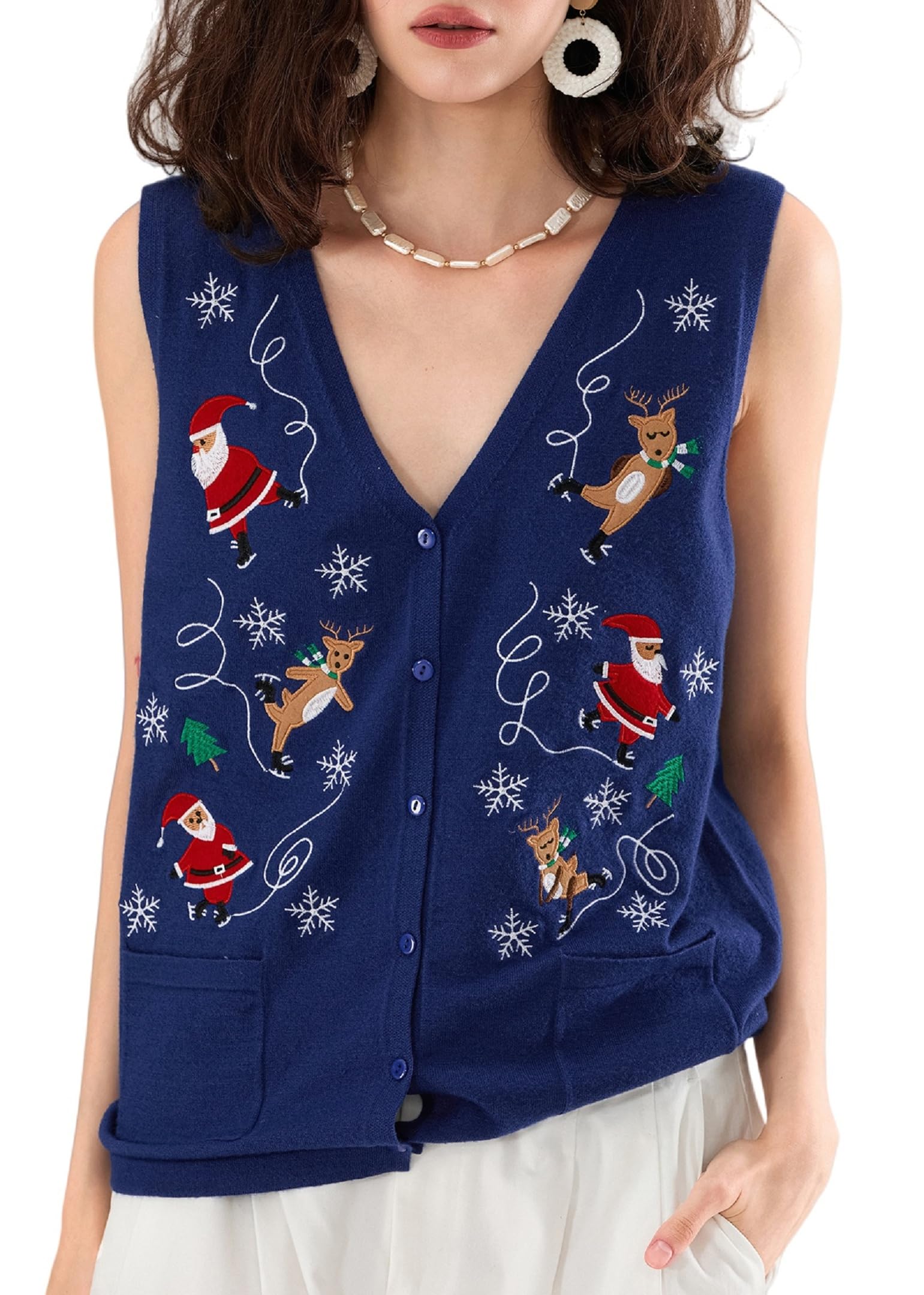 Ugly Christmas Sweater Vest Holiday Sleeveless Cardigan Sweaters V Neck Button Down Knit Vest Xmas Cardigans
