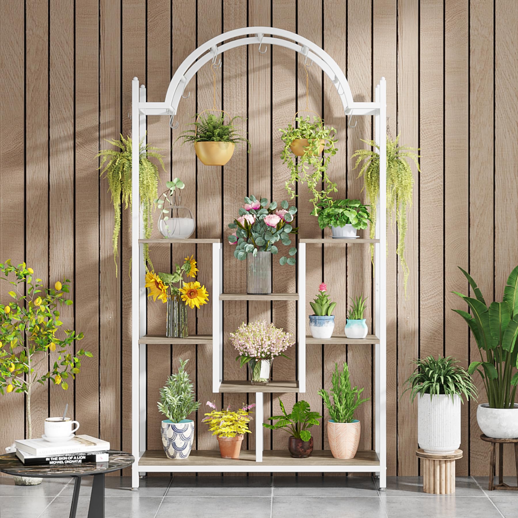 Tribesigns hoher Pflanzenständer für den Innenbereich, 5 Etagen, 190 cm gewölbtes Metall-Blumenregal mit Hängehaken, großes Bonsai-Topf-Display-Regal für Garten, Balkon, Wohnzimmer, Weiß und Grau