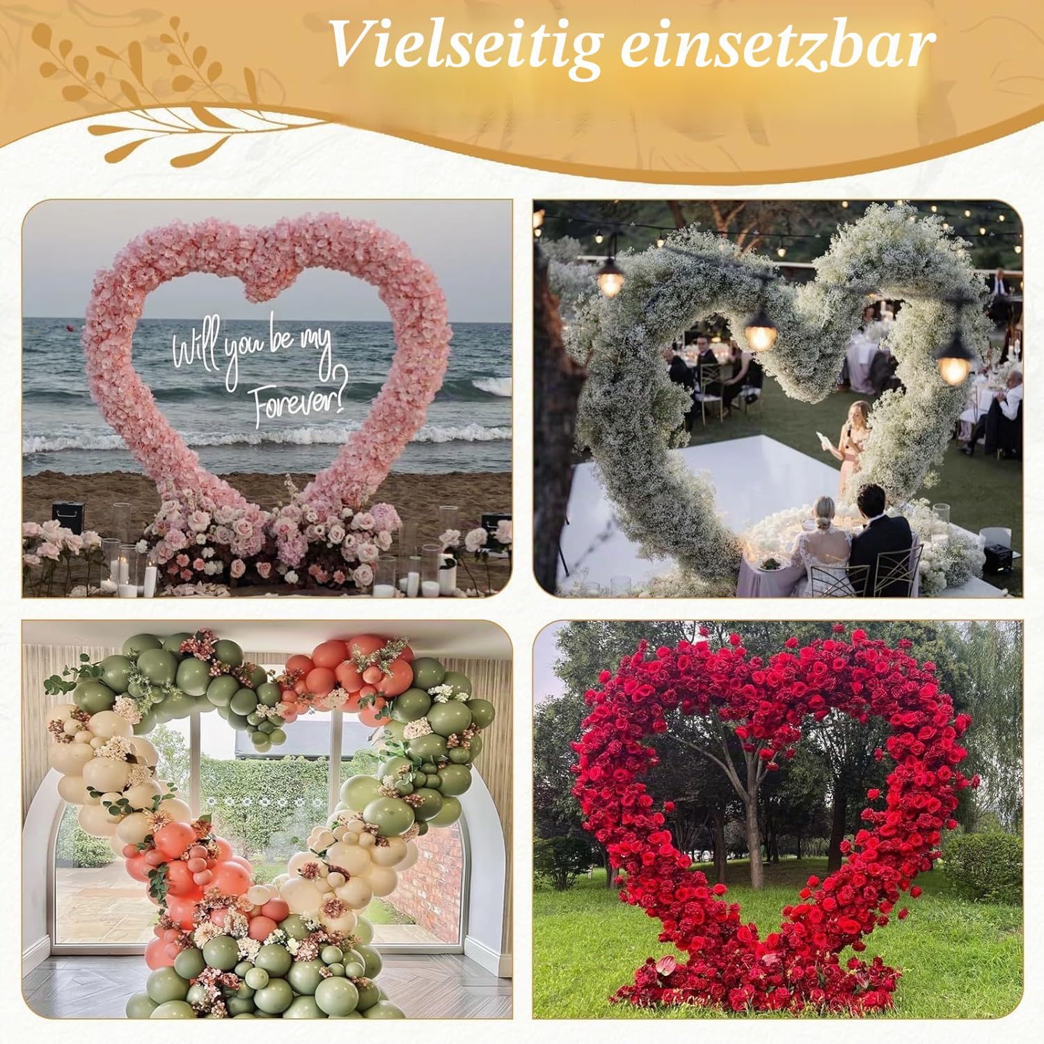 Herz Hochzeitsbogen,2mx2m Ballon Bogen Kit,Metall Arch Stand,Herz Traubogen Hochzeit Blumen Rahmen Hoop Ständer Ballonbogen Set,Gold Wedding Arch für Heiratsanträge,Geburtstag,Babyparty,Jubiläum