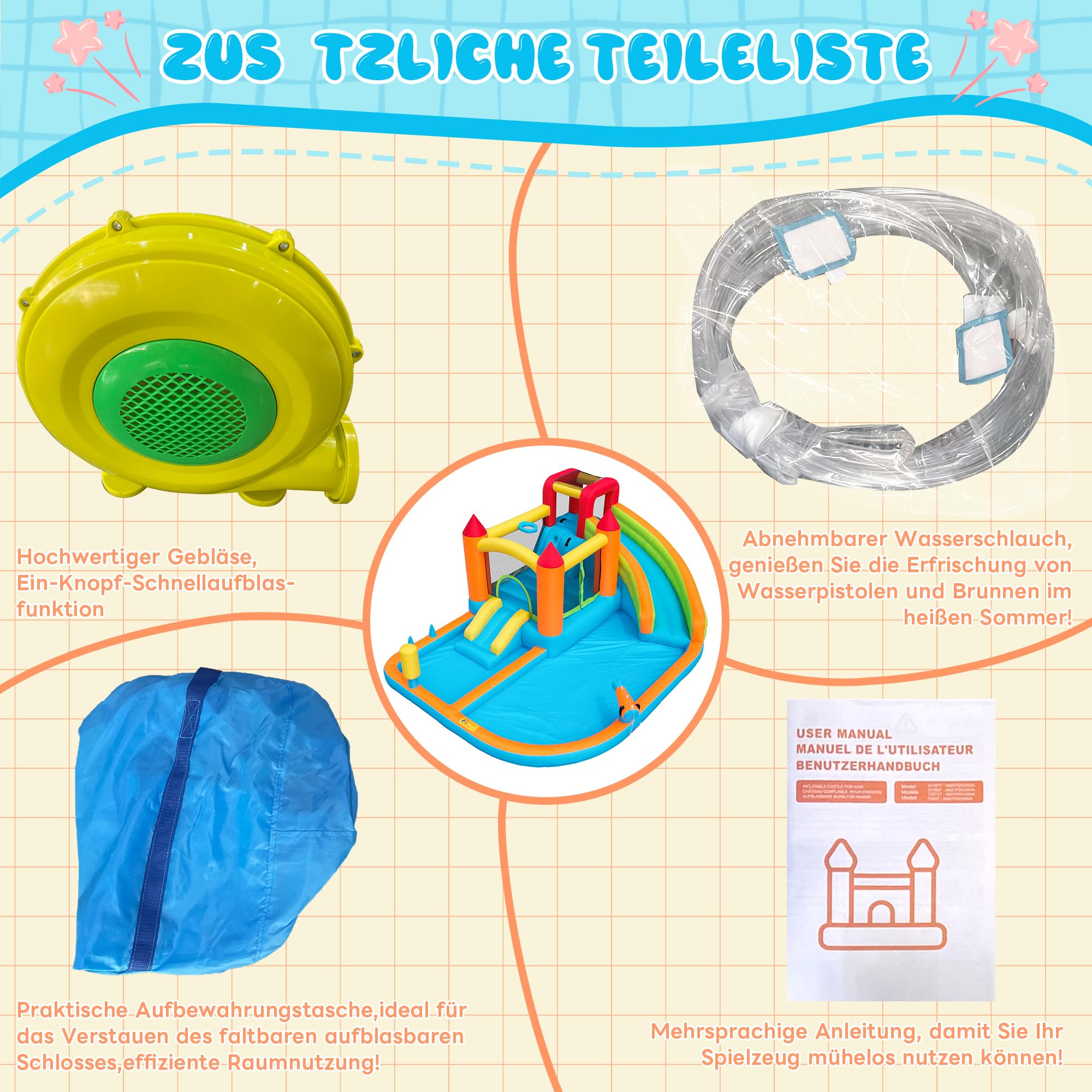 Castillo hinchable con tobogán acuático y trampolín – Parque acuático multifuncional, piscina infantil, canasta de baloncesto, pistolas de agua, soplador de 450 W, 460 x 343 x 190 cm, para interiores