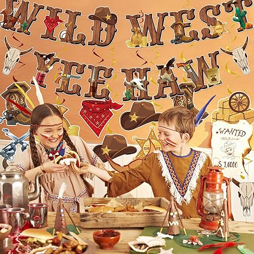 Miniatura 7 de 26 piezas de decoraciones de fiesta occidental de vaquero del oeste, carteles colgantes de remolinos del salvaje oeste, serpentinas de techo para
