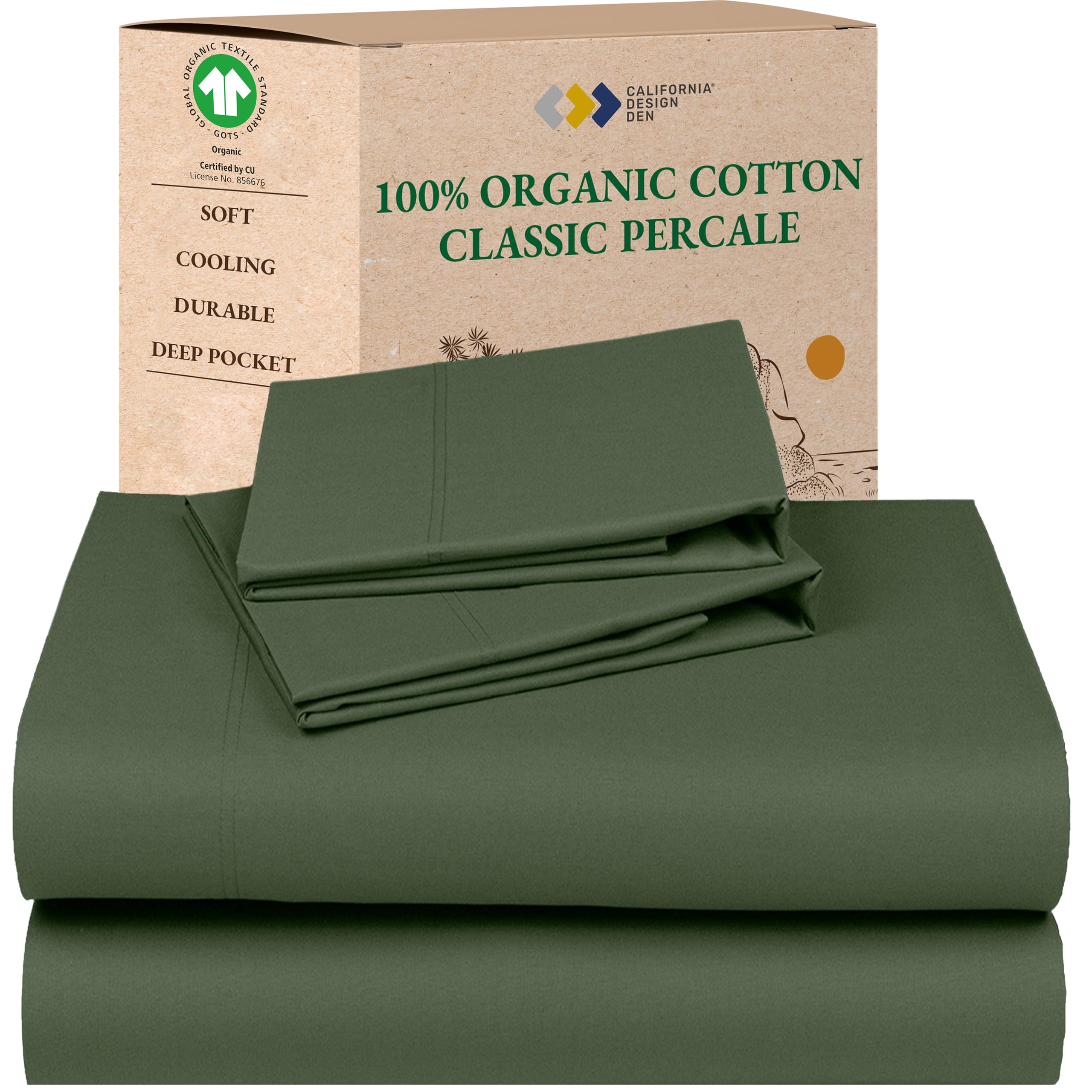 California Design Den Bedsheets King Size Bed Set - Soft 100% 100% Organic Cotton Sheets with Deep Pockets, Crisp Percale, Breathable and Durable Bedding Set - Olive Green King 11 - Olive Green