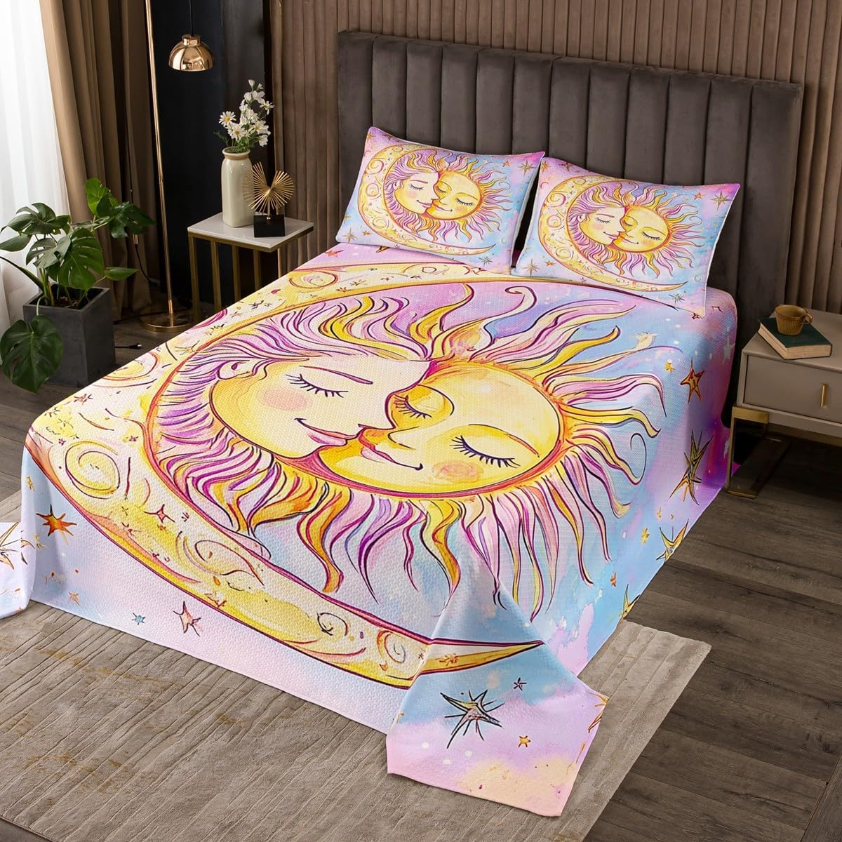 jejeloiu Orange Groovy Flower Bedspread Quilts Retro Floral Boho Coverlet Set Queen Size for Kids Boys Girls 70S Hippie Flowers Bohemian Quilted Coverlet for All Season with 2 Pillowcases