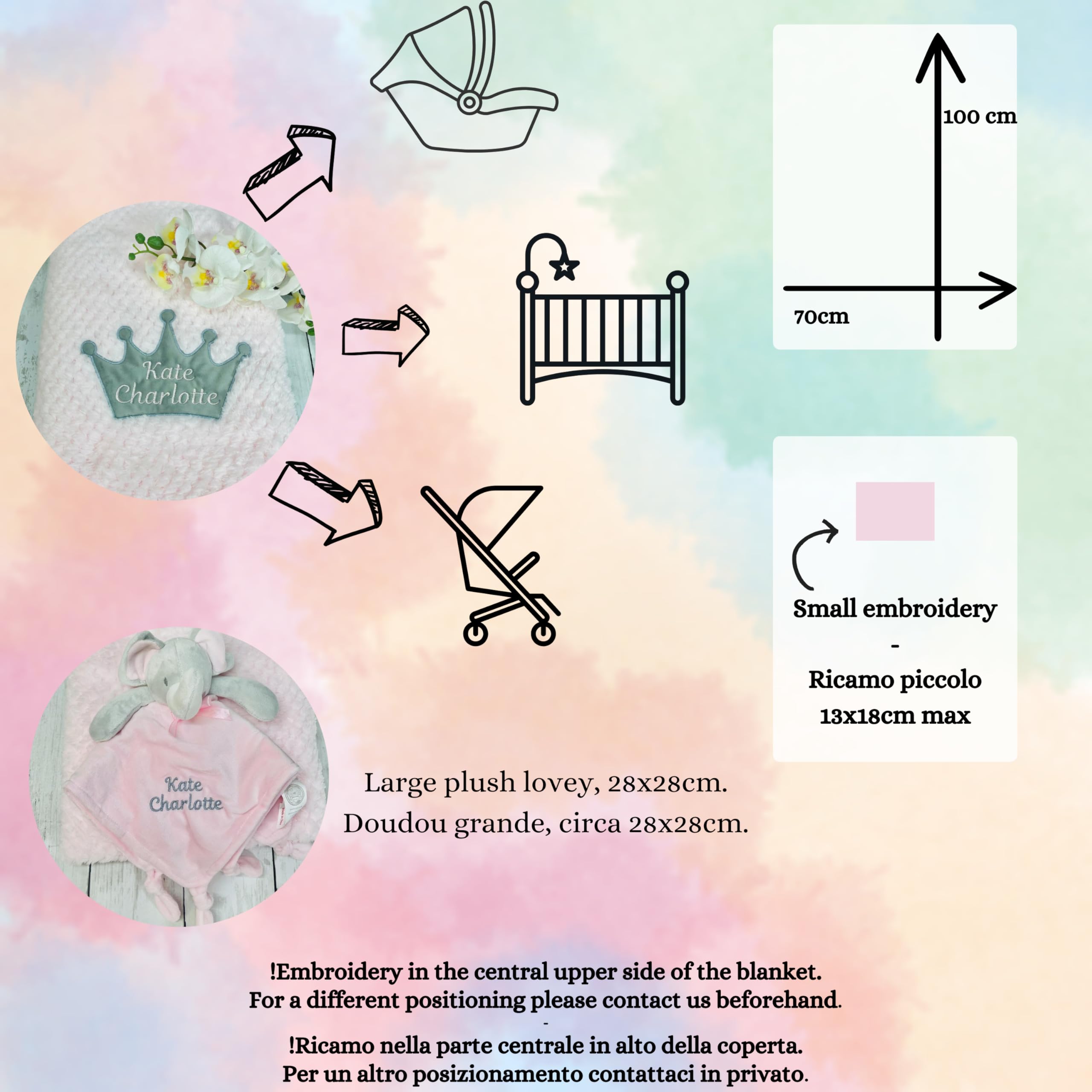 CrisArt Set nascita bimba copertina e doudou elefante con nome ricamato in argento, idea regalo battesimo tema reale, rosa (argento.f)
