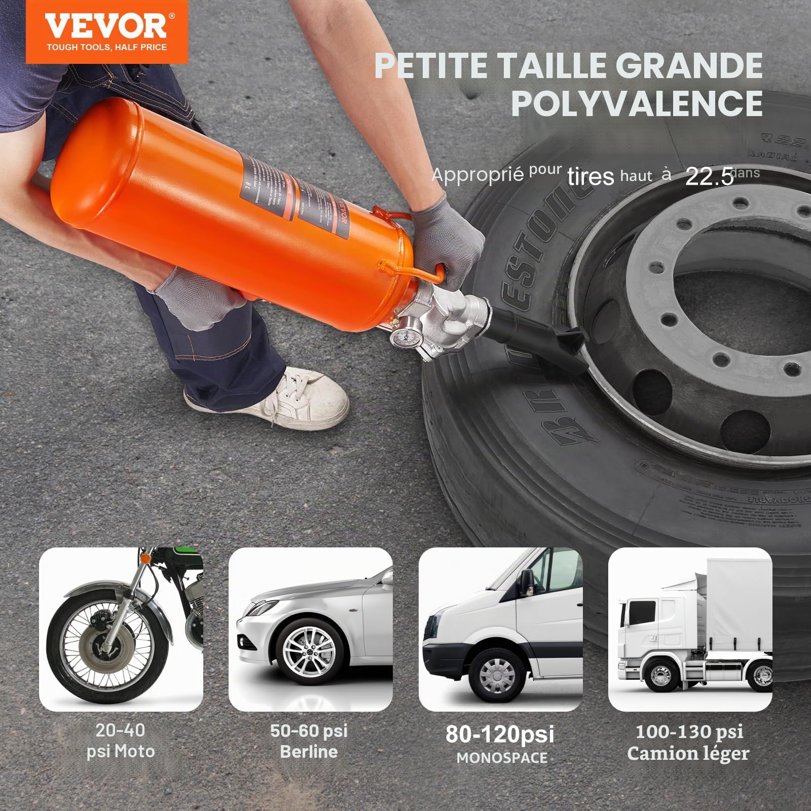 VEVOR Canon à Air 8 L Gonfleur de Pneus 120 PSI Compresseur d'air Portable 85-116 PSI Pression de Fonctionnement pour Tracteur Camion ATV Voiture et Réparation Automobile Atelier Bricolage